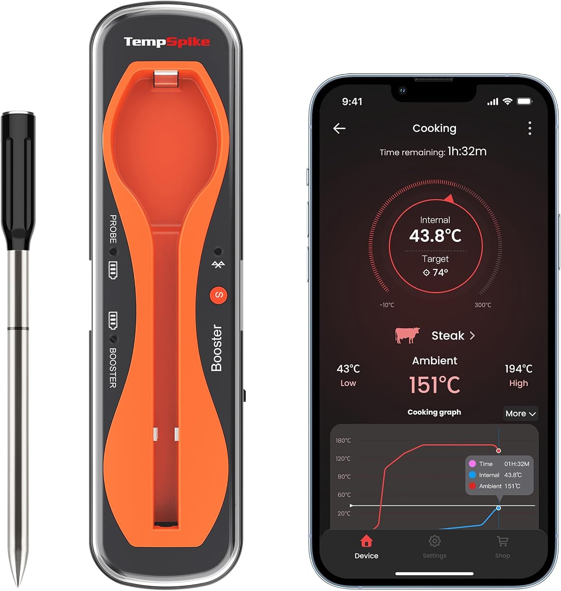 ThermoPro TempPro TP960 150M Termómetro Inalámbrico para Carne con Bluetooth, Termómetro de Cocina Impermeable IP67 para el Horno, Freidoras, Asar, Ahumar y Barbacoa