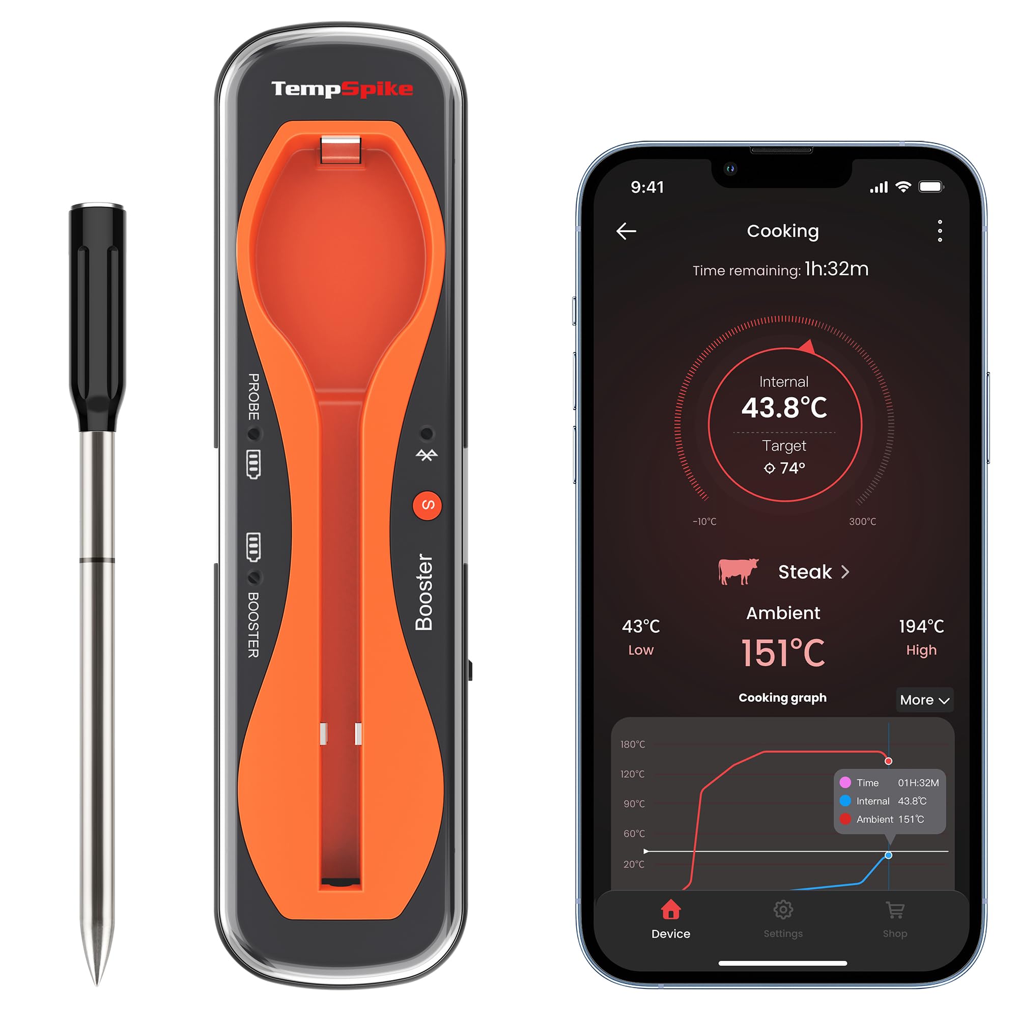 ThermoPro TempSpike Grillthermometer kabellos – Temperaturfühler mit Bluetooth 150 m
