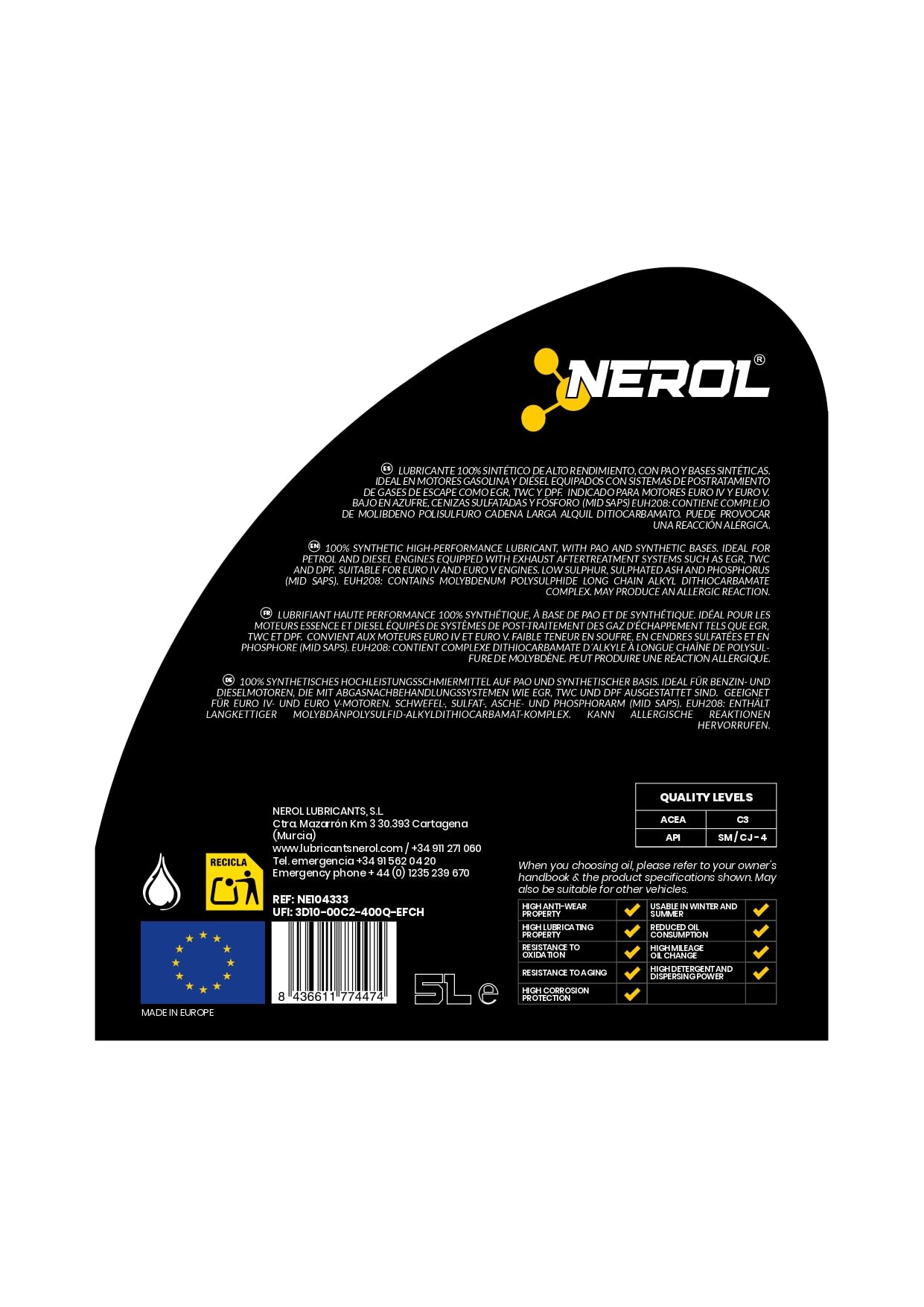 NEROL Aceite de Motor 100 % Sintético Para Coche 4T Performance VTS - GTD 5W-30 API SM/CJ-4 ACEA C3 5 Litros Lubricante Vehículos, Pao, Aditivos Última Generación (5 LITROS)