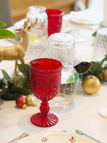 Miniatura 9 de Juego de 12 copas de vino vintage, copas de vino tinto para Navidad, copas de Navidad, copas rojas con diseño de girasol en relieve, aptas para