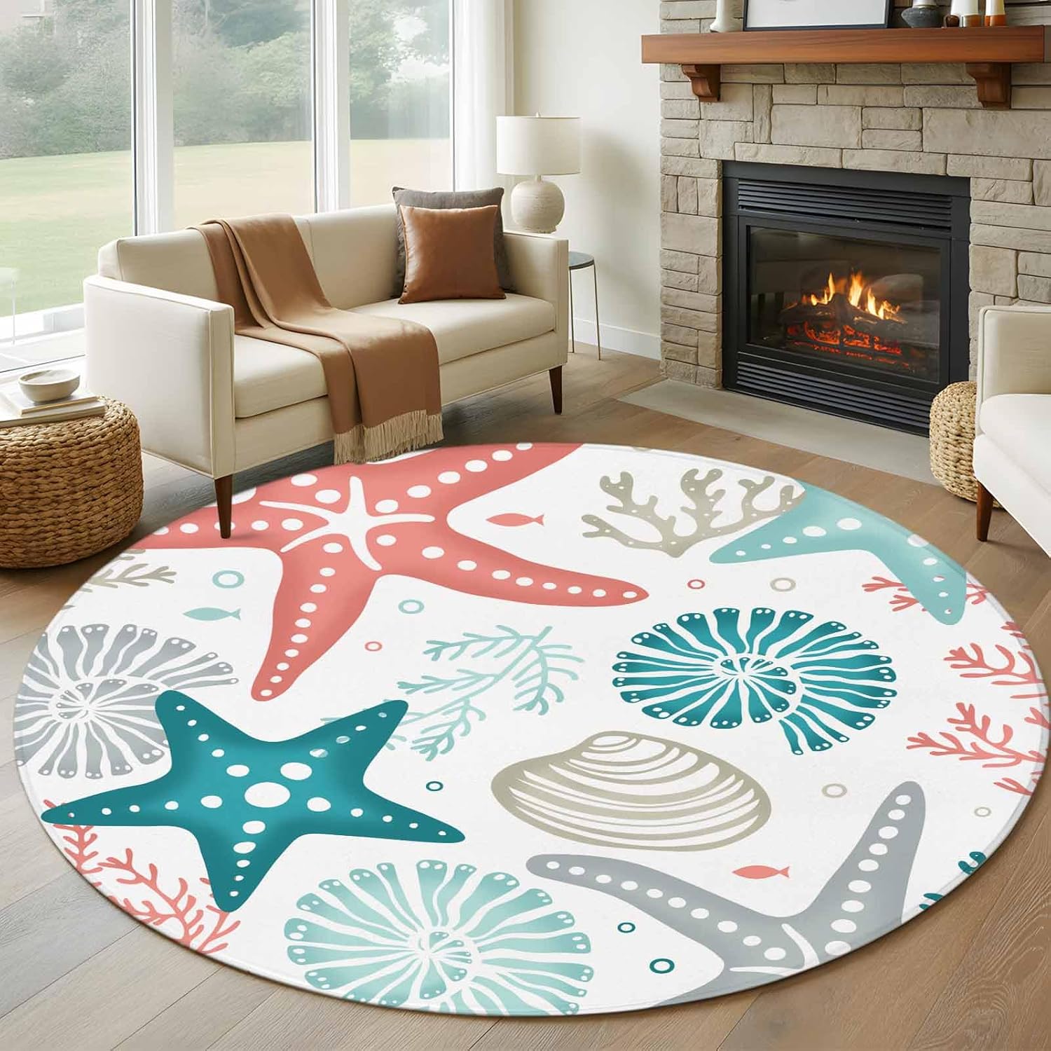Large Area Rugs for Bedroom Living Room, Teal Green Coral Non Slip Carpet Bedside Rug, Spring Summer Coastal Starfish Beach Nautical Conch Round Floor Cover Kitchen Accent Rug 6' for Dining Room