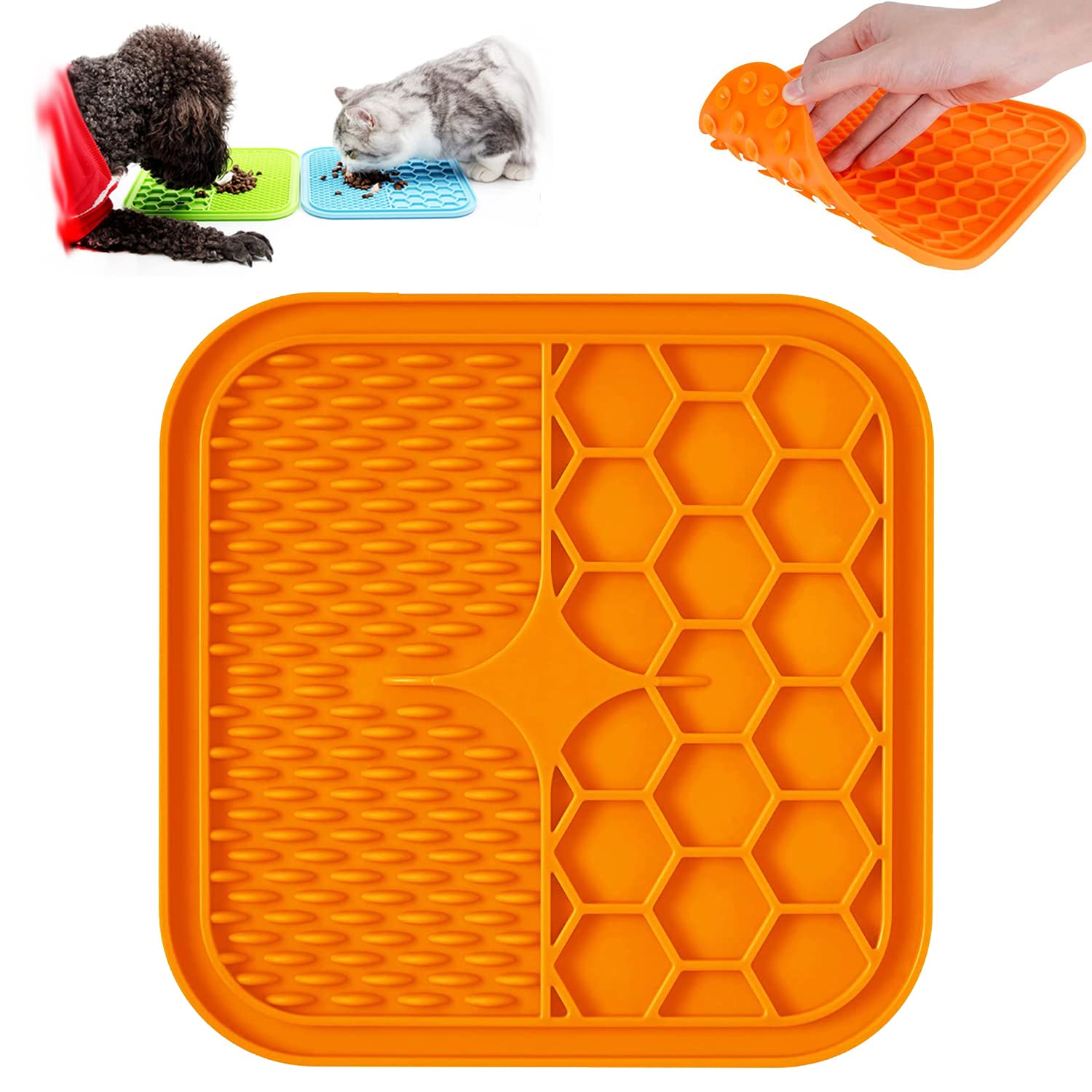 Kwispel Lick Mat for Dogs, Dog Lick Mat with Suction Cups for Anxiety, Peanut Butter Dog Licking Mat Slow Feeder Dispensing Treater Lick Pad for Dogs Cats Grooming Bathing and Training (Small Orange)
