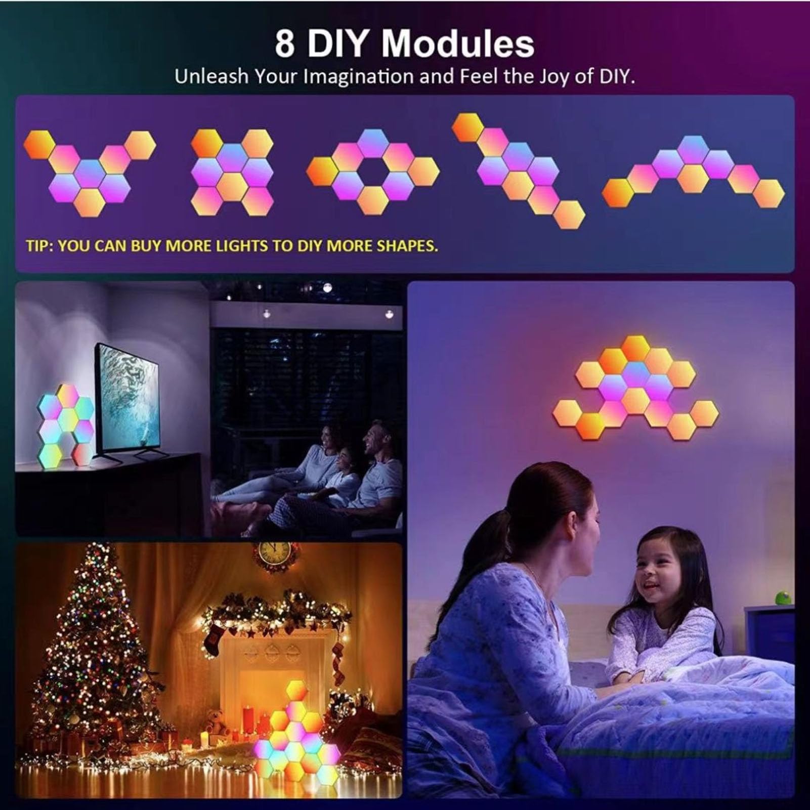 Paneles de Luz Hexagonales, 10 Juegos de Paneles de Luz Hexagonales LED RGB Inteligentes con Sincronización de Música y Control WiFi, Perfectos para Decoración de Salas de Juegos, Fácil