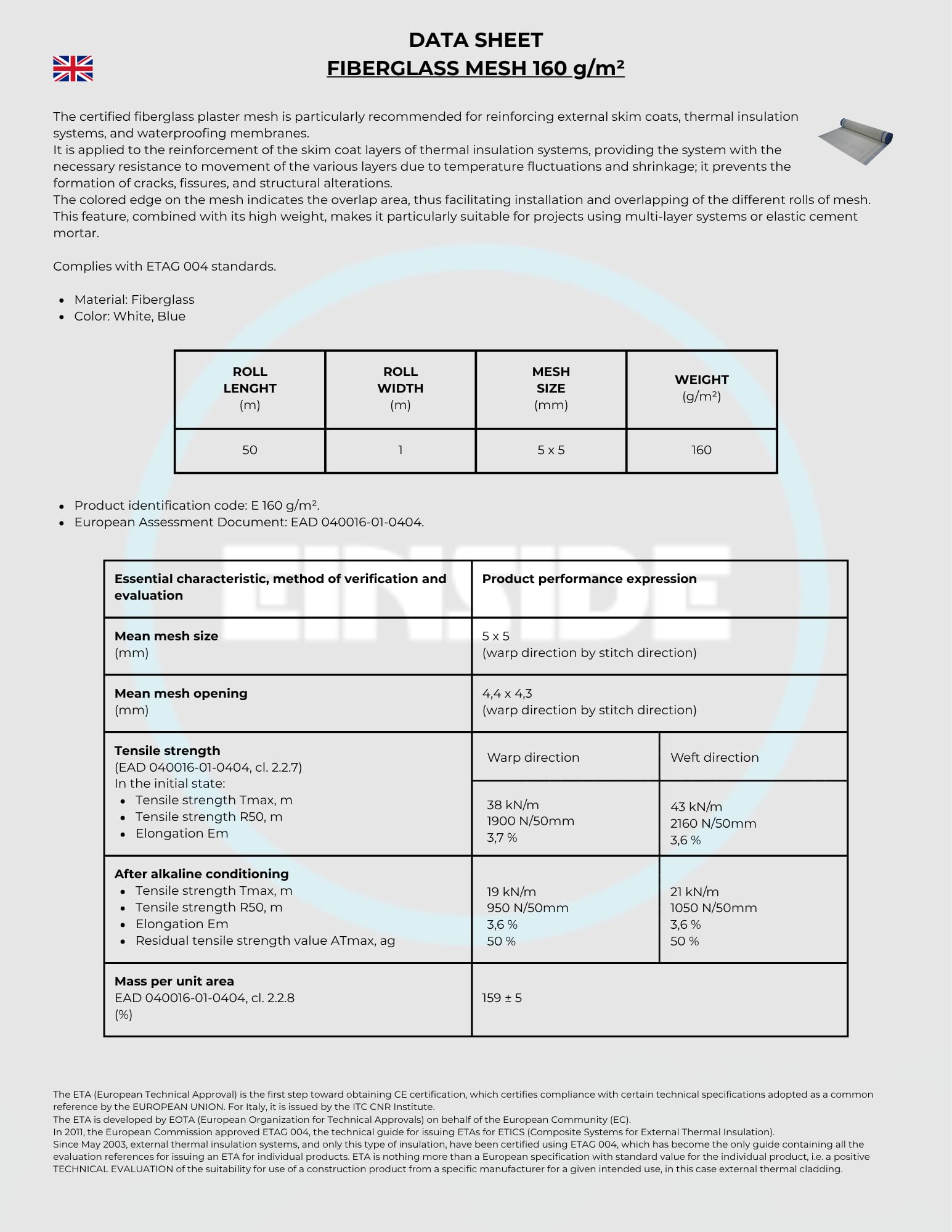 EINSIDE Malla en fibra de vidrio certificada 160 g/m², 1x50 metros