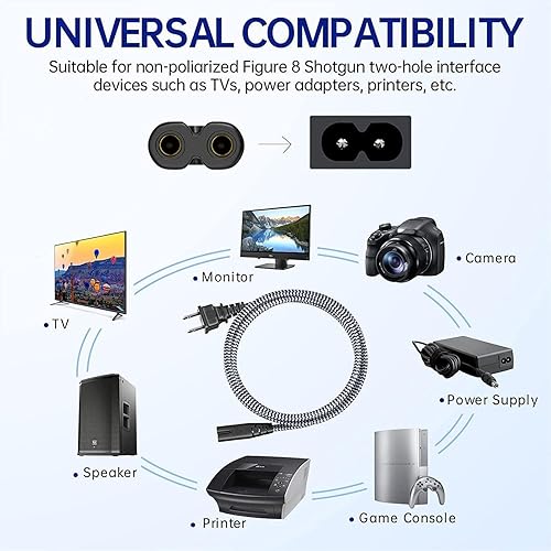 Miniatura 7 de Cable de alimentación trenzado de 2 clavijas, cable de alimentación de repuesto de CA de 2 pines (10 pies9.8 ft), cable de alimentación universal