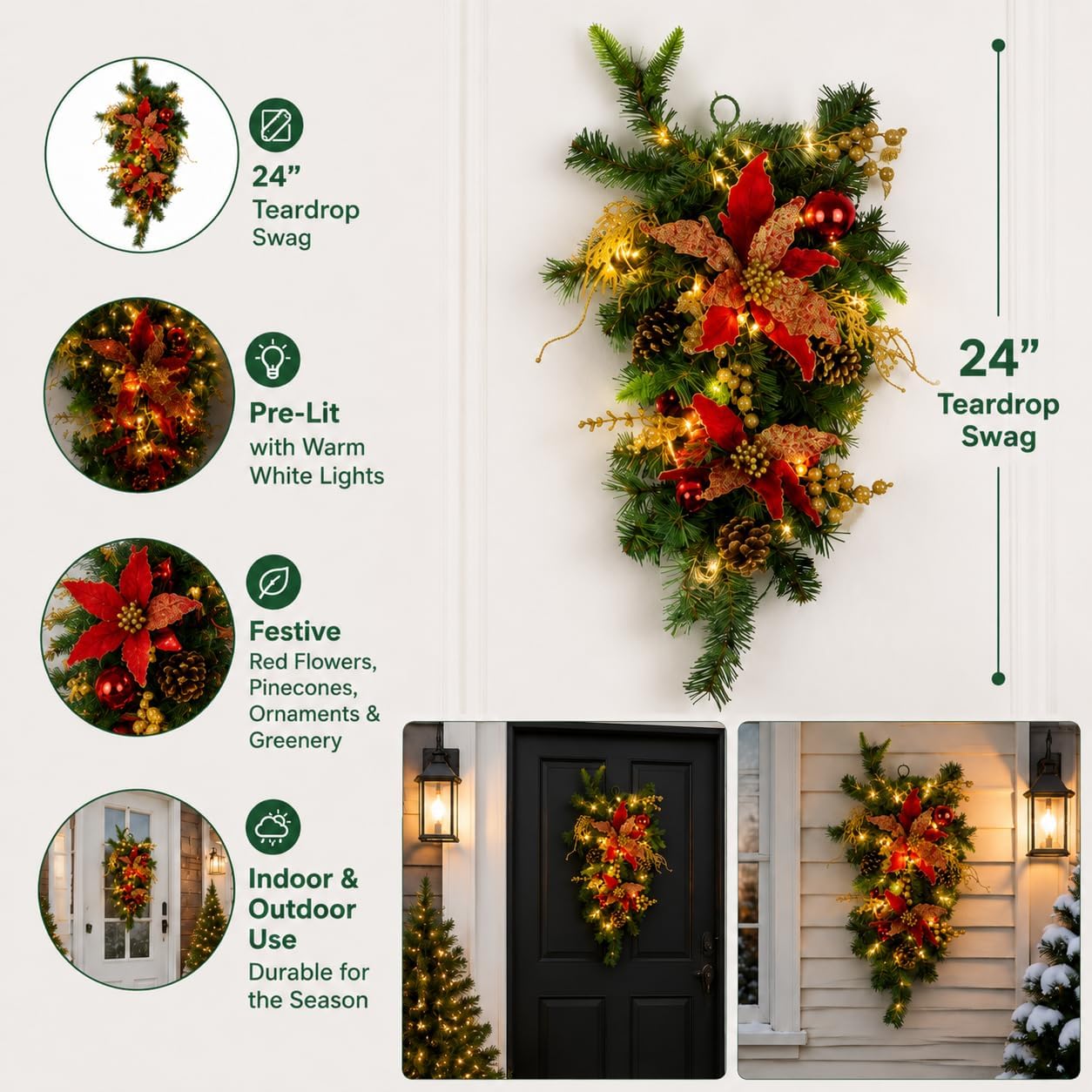 24" Pre-Lit Christmas Teardrop Swag with Lights, Battery Operated Hanging Xmas Door Decoration, Holiday Front Door Garland Swag with Pine Cones, Red Flower & Greenery for Indoor Outdoor Porch Decor