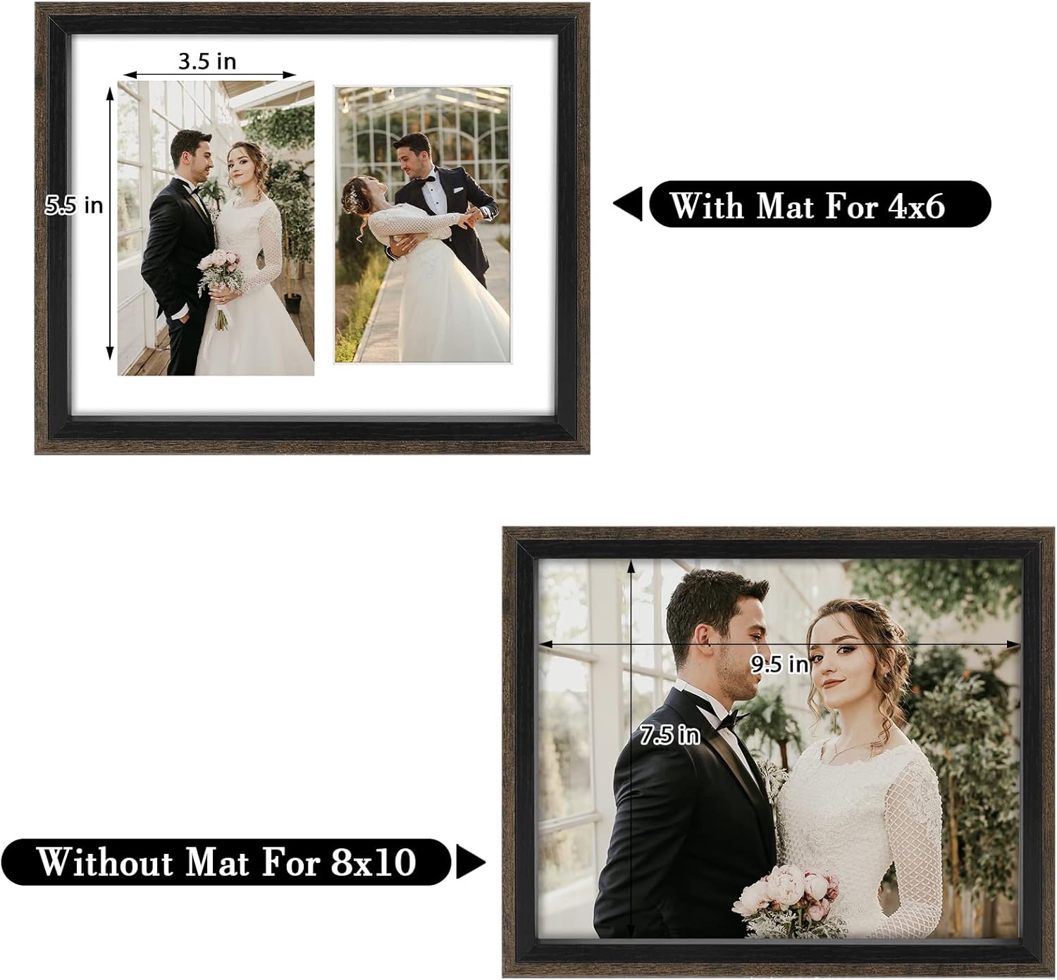Frametory, 4x6 Double Picture Frame in Black and Walnut - 8x10 Collage Frame, Real Glass - Horizontal and Vertical Formats for Wall, 2 Pack