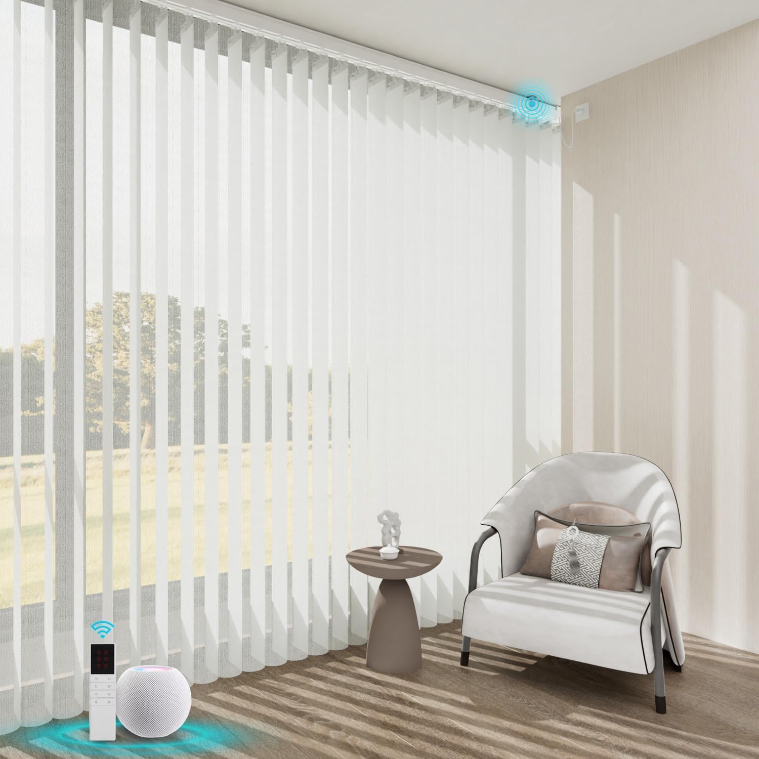 Motorized Sheer Vertical Blinds Work with Alex Google Home, Light Filtering Smart Vertical Blind Sliding Door Blinds Remote Control Blinds for Sliding Glass Door Customize, Texture Off-White