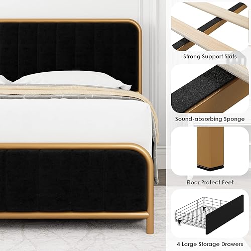 Miniatura 7 de HITHOS Base de cama tapizada de tamaño matrimonial con 4 cajones de almacenamiento y cabecero base de colchón de metal resistente con listones de
