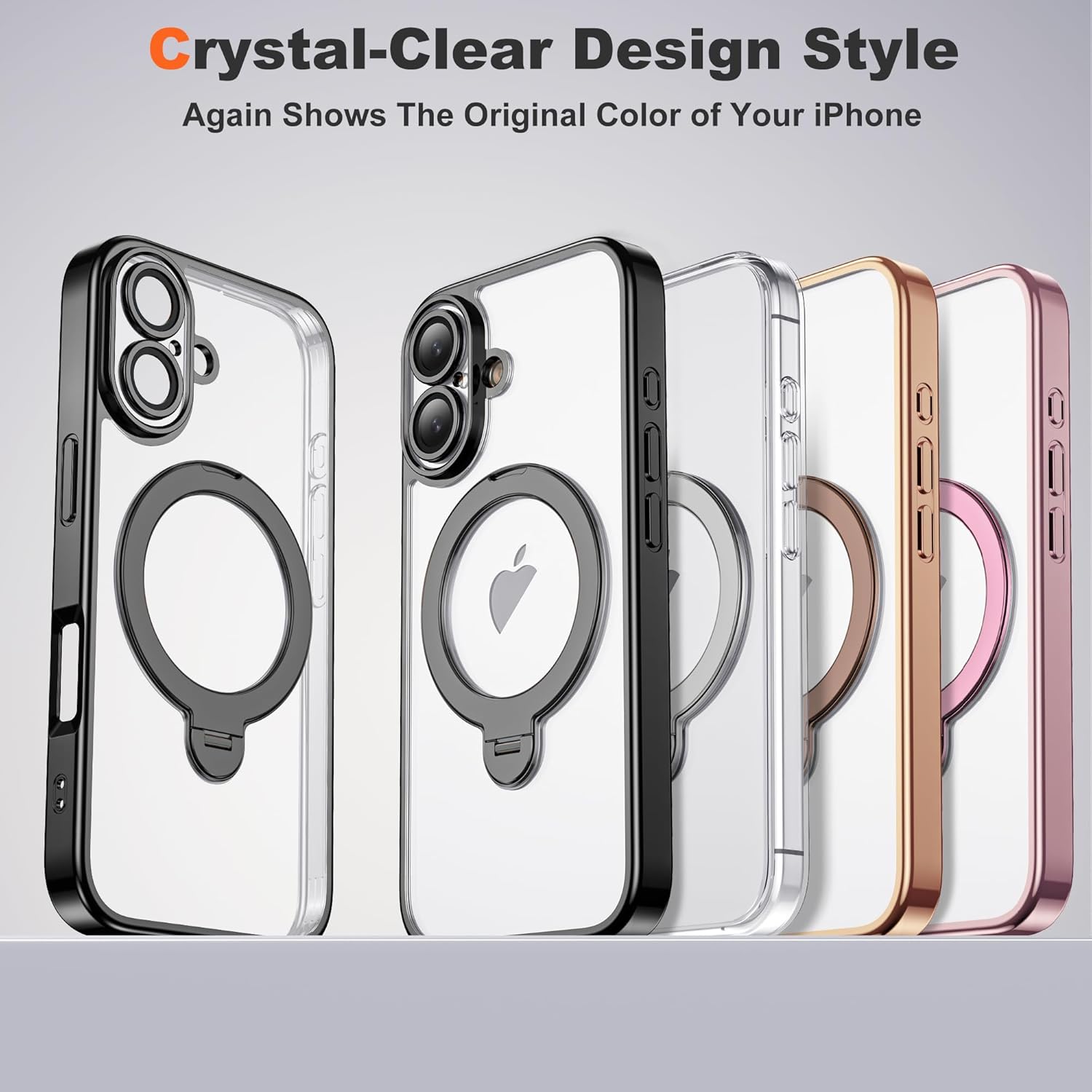 Compatible with iPhone 17 Case with 360° Spin Magnetic Ring Stand [Compatible with Mag-Safe] Full Camera Lens Protector Plating Clear Phone Case for iPhone 17 6.3", Black