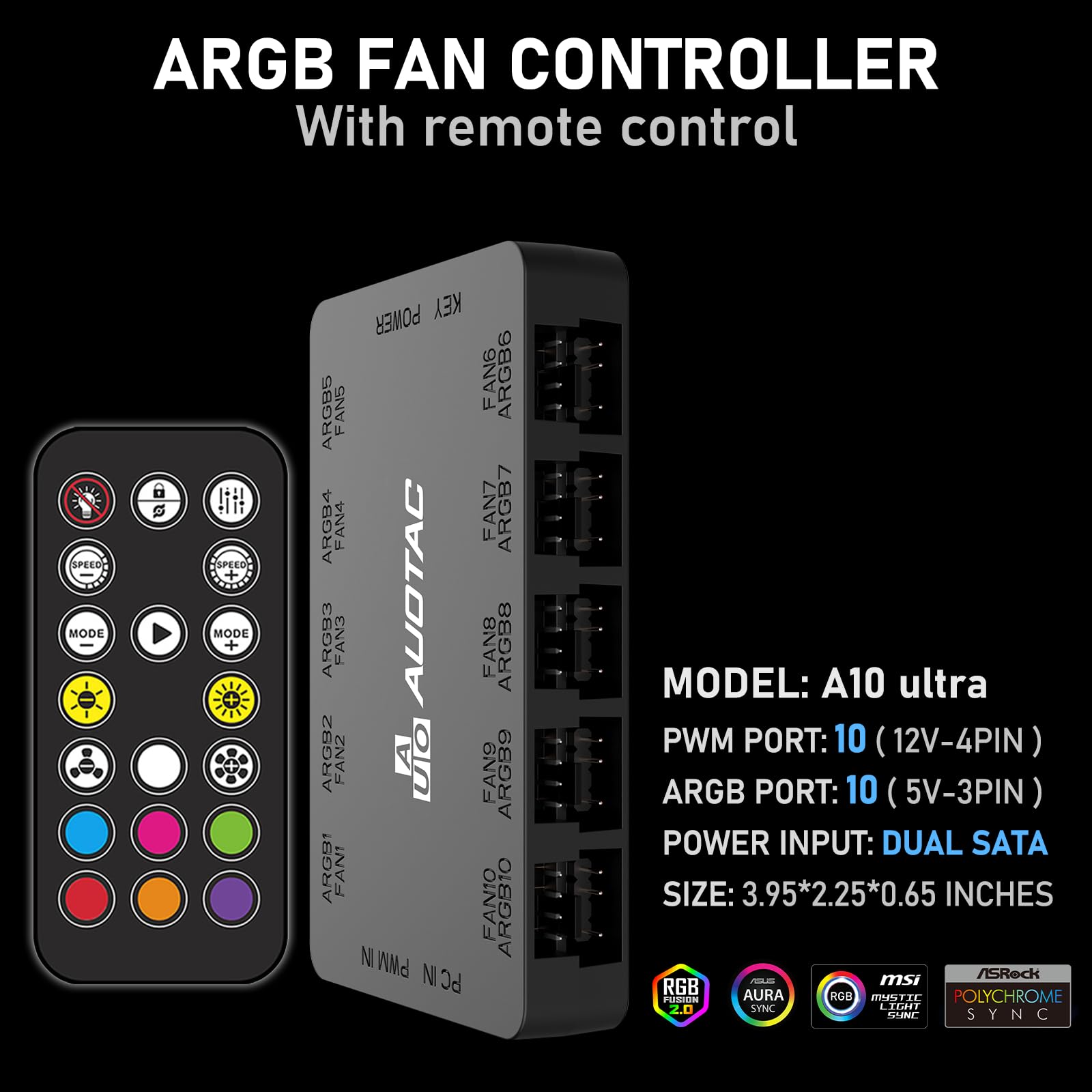Kontroler ARGB PWM koncentrator wentylatora z pilotem RF, (podłącz dziesięć wentylatorów, 5 V 3-pinowe ARGB i 12 V 4-pinowe złącze wentylatora PWM, podwójne wejście zasilania SATA, zasysanie