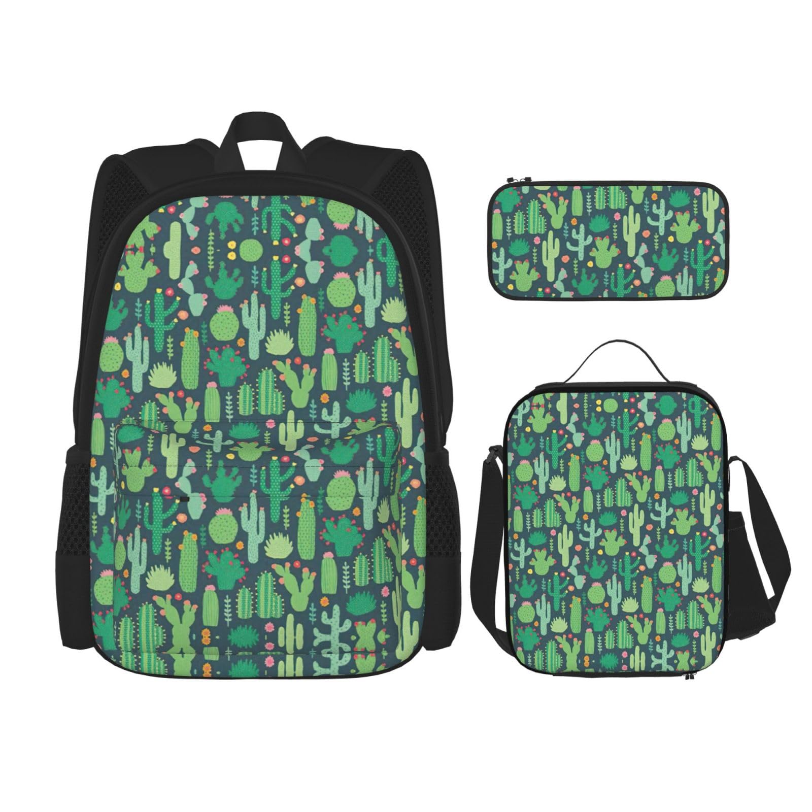 Juego de 3 mochilas escolares con estampado de cactus sin costuras, gran capacidad, resistente al agua, con bolsa de almuerzo aislada y estuche para lápices, para adolescentes de secundaria