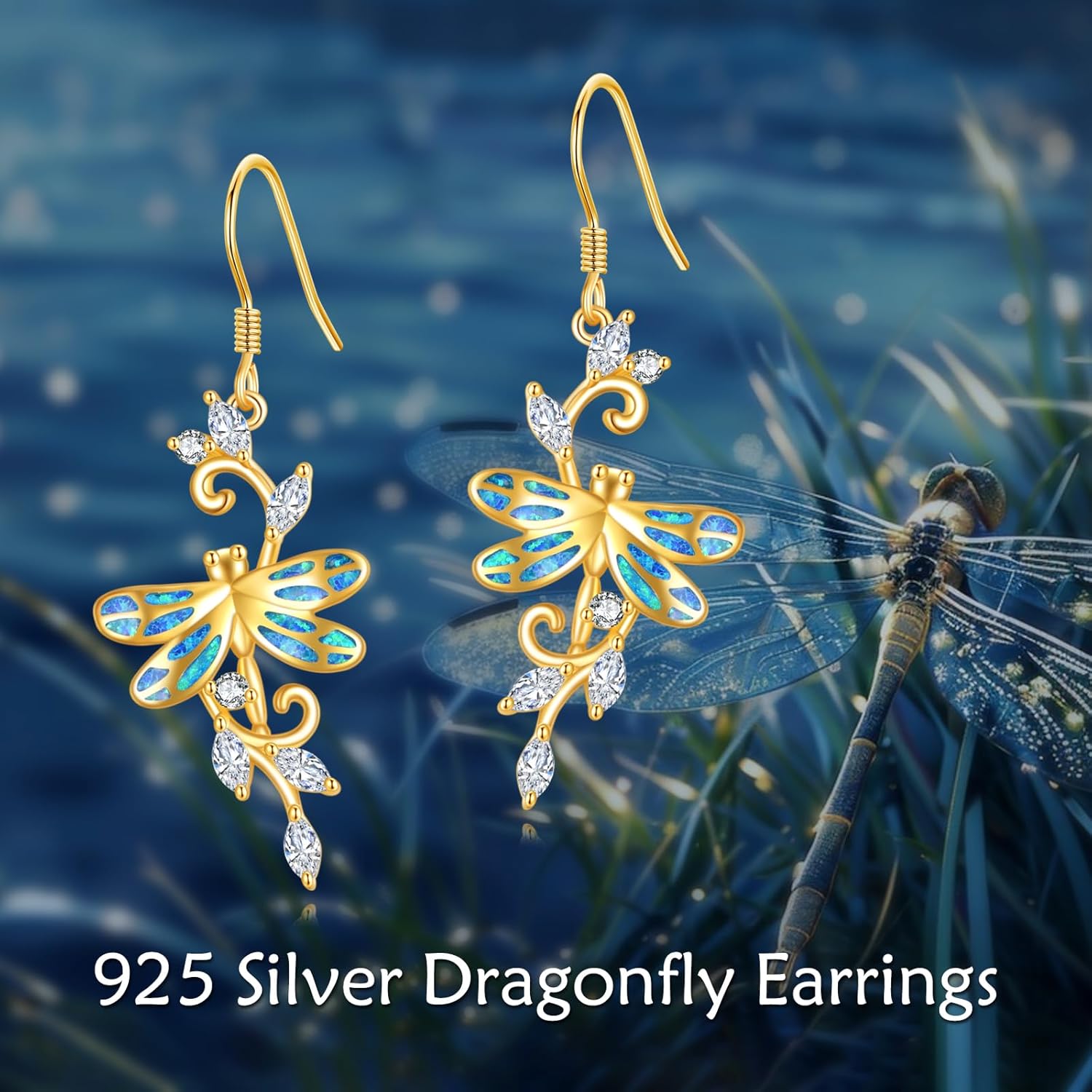 KZX Dragonfly Earrings 925 Sterling Silver Dragonfly Dangle Earrings Opal Dangle Drop Earring Jewelry Gifts for Women Birthday
