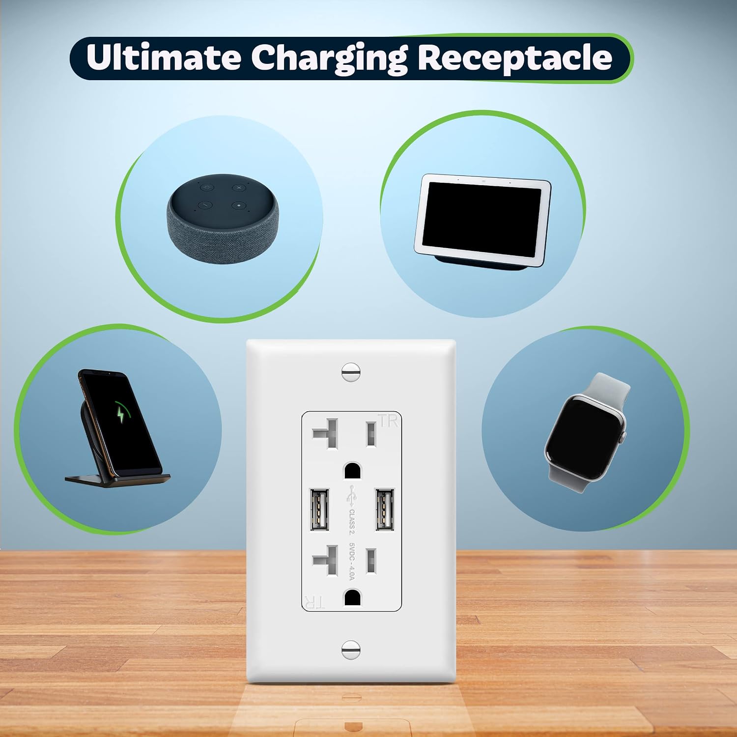 TOPGREENER 4A High Speed USB Wall Outlet Charger, 20Amp Tamper-Resistant Receptacle Plug, Charging Power Outlet with USB Ports, Electrical USB Socket, UL Listed, TU2204A-6PCS, White, 6 Pack