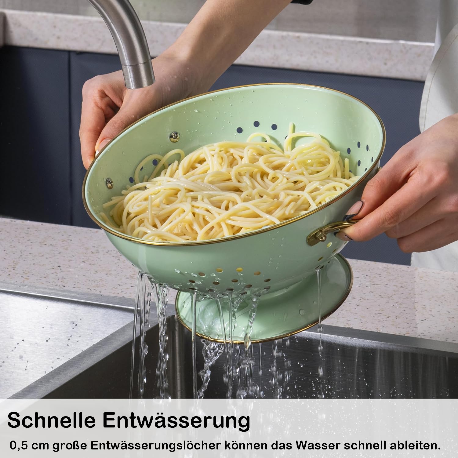 Sieb 3er-Set, Metall Nudelsieb Küchensieb mit Griff und Boden – 16cm & 23cm & 28cm, Abtropfsieb Seiher für Nudeln Obst Gemüse, Spülmaschinenfest (Grün)
