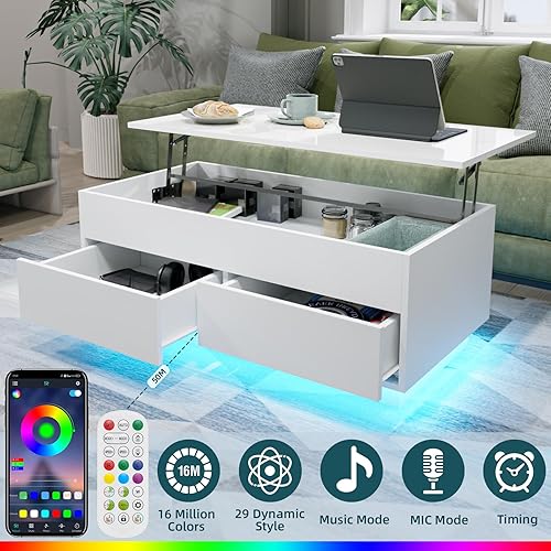 Miniatura 37 de HOMMPA Morden - Mesa de centro elevable de 40 pulgadas con almacenamiento, mesa de centro LED de alto brillo, mesa de té moderna de 3 niveles con