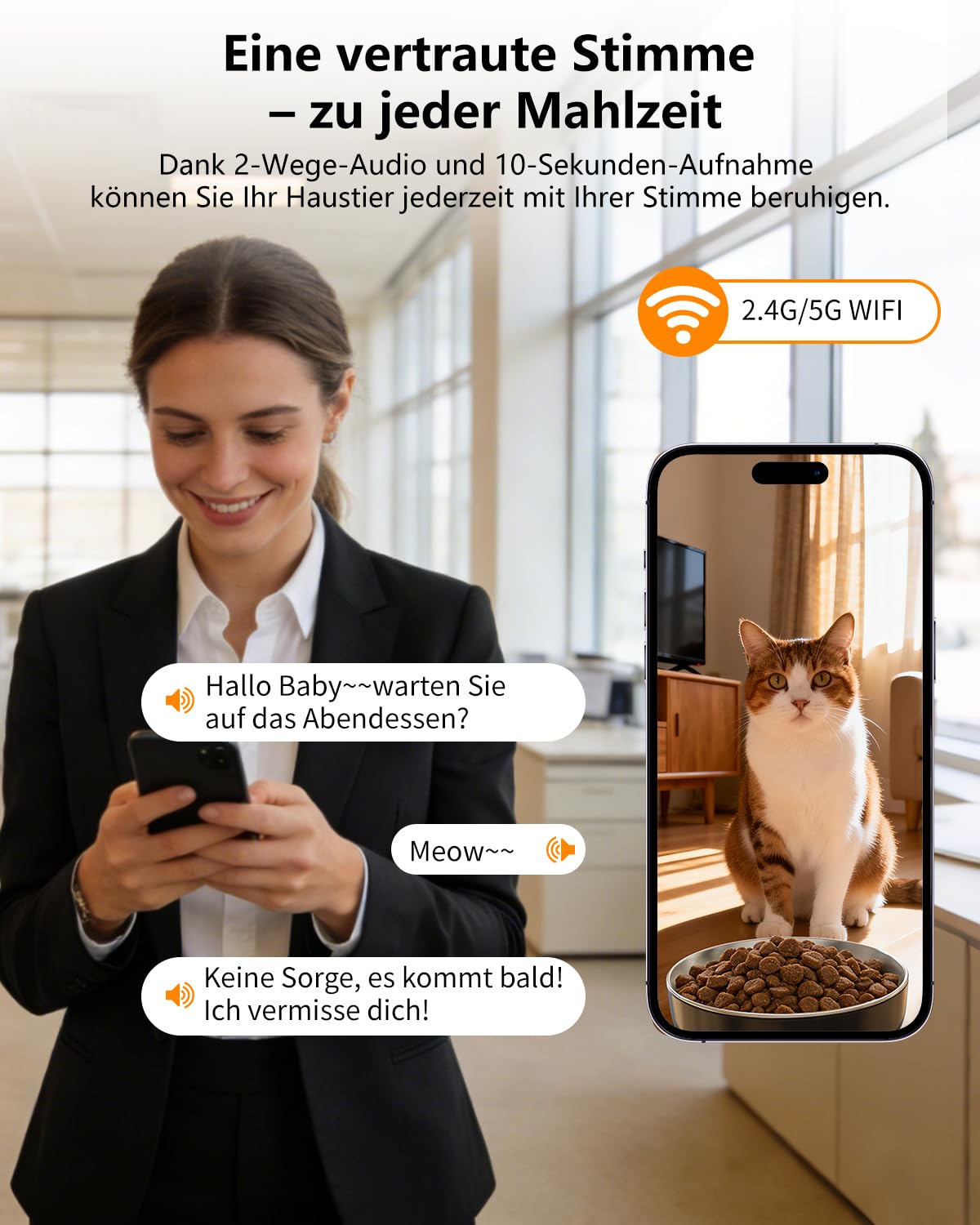 Comedero automático para gatos con cámara de 2 MP y control por aplicación, dispensador automático de alimentos para gatos y perros, 5 G WiFi, visión nocturna, 1 – 10 comidas al día, juego de fuente