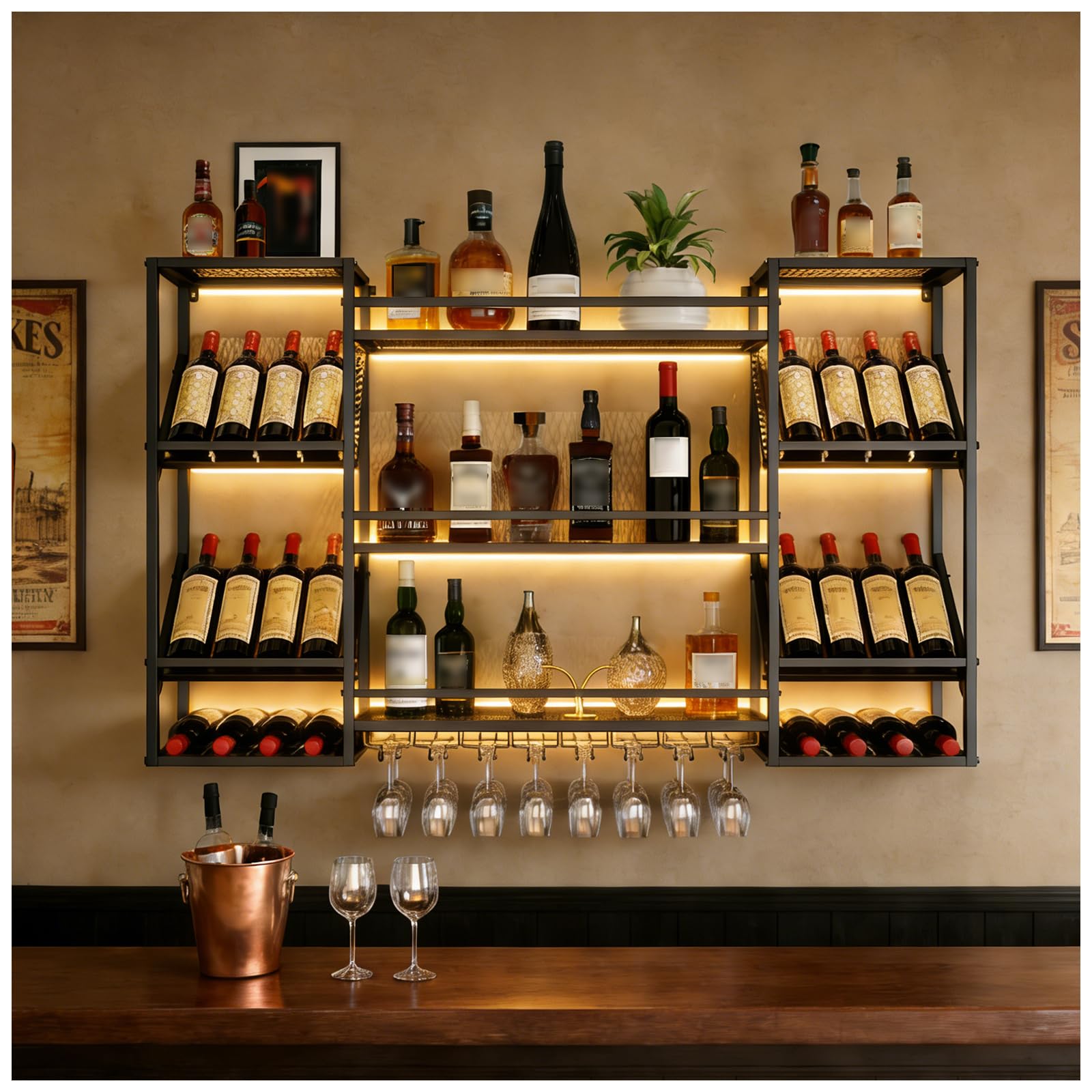 Weinregal Wand mit Glashalter, 4-stöckig Metall Wandmontage Wine Display-Ständer, Weinregal im Industriestil für Zuhausefür Esszimmer Home Bar Küche Dekorative (Schwarz, 120cm)
