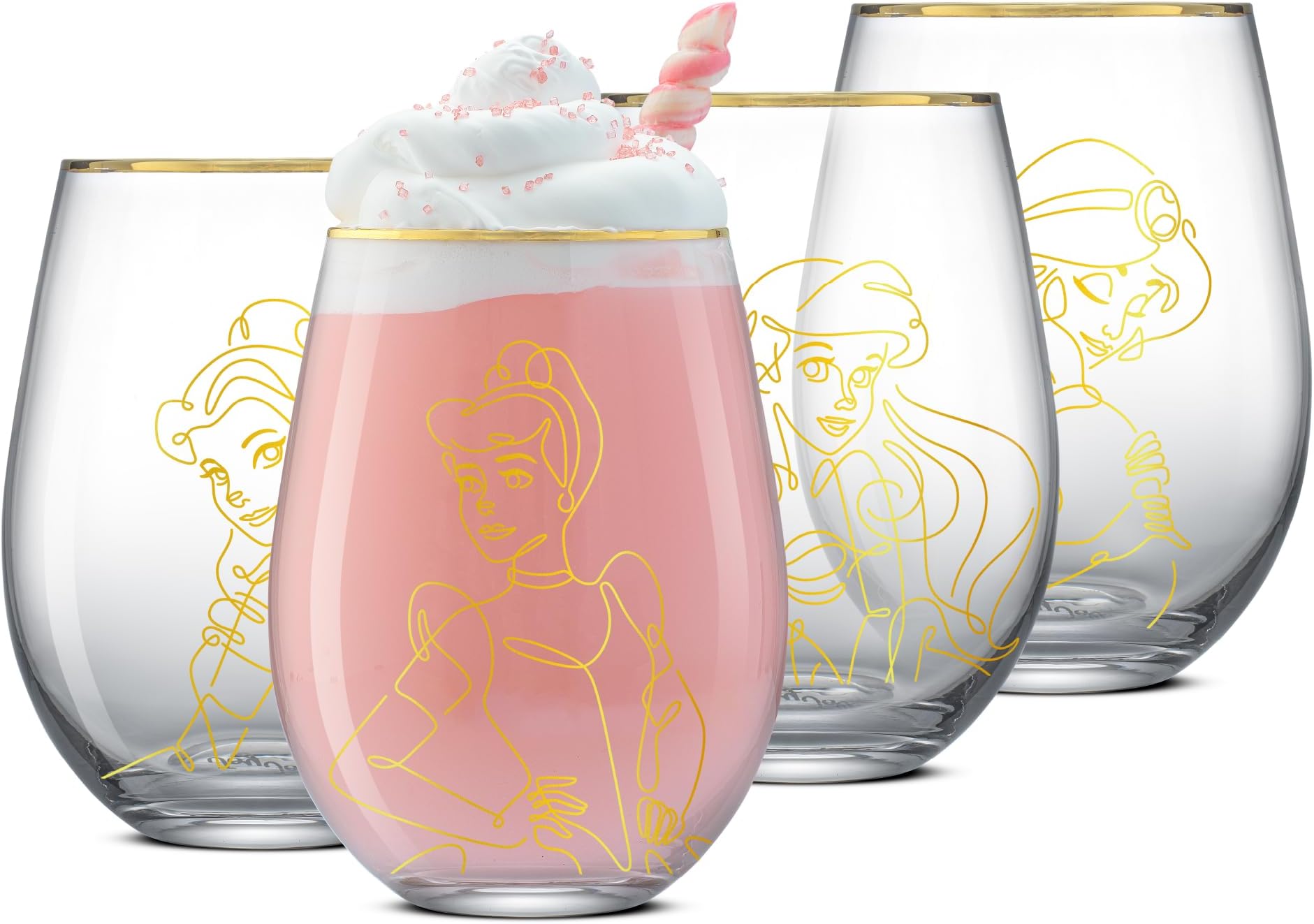 JoyJolt Disney Princess Sketch Stemless Drinking Glasses, 19oz Glass Cups ft Princess Jasmine Ariel Belle Cinderella, Disney Princess Kitchen Glassware Set of 4, Disney Gifts for Adults
