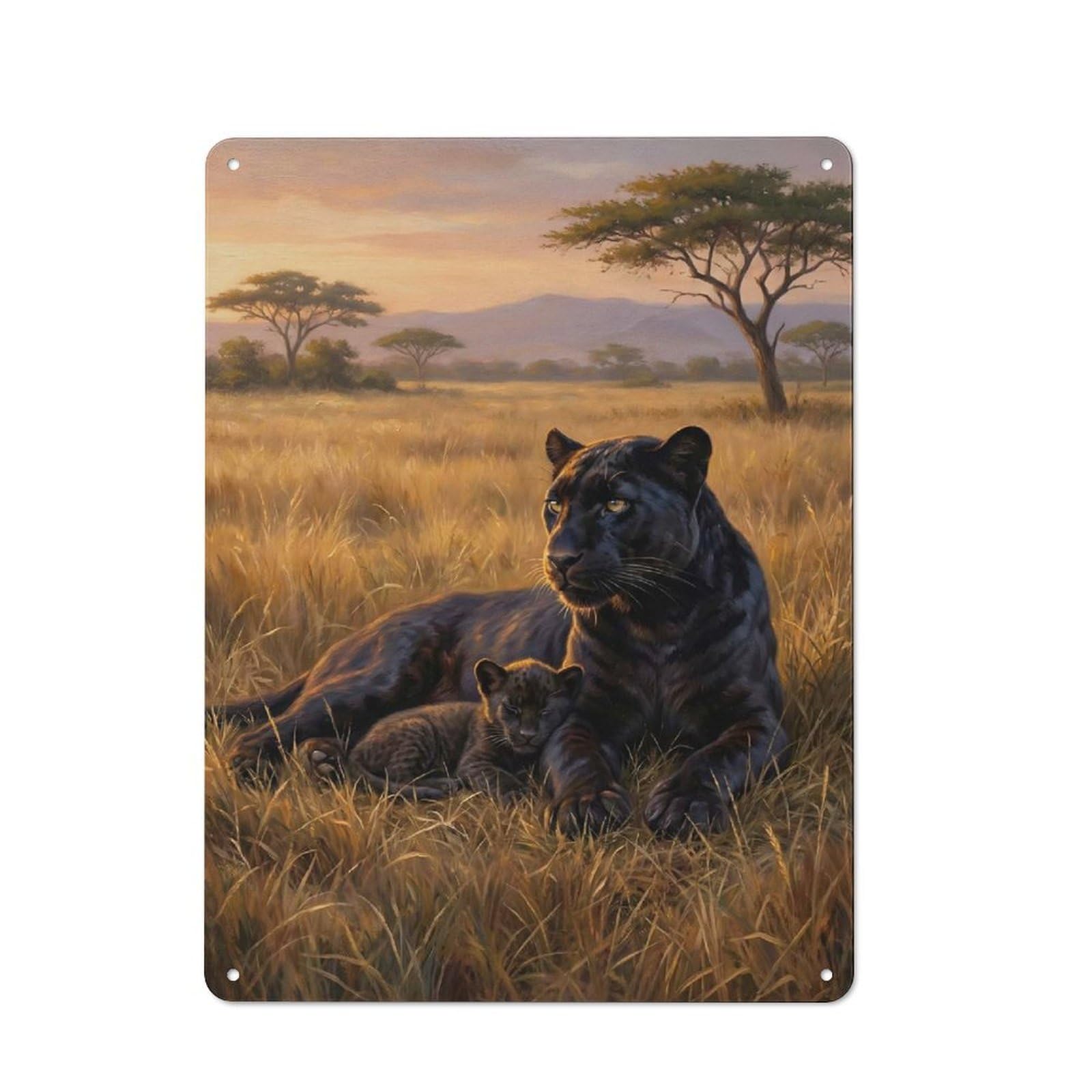 Junmoney Style-21 Black Panther And Cub In Savannah Urban Metal Wall Decor 40X30cm, Metal Wall Art Sign For Loft, Studio, Office Or Creative Room