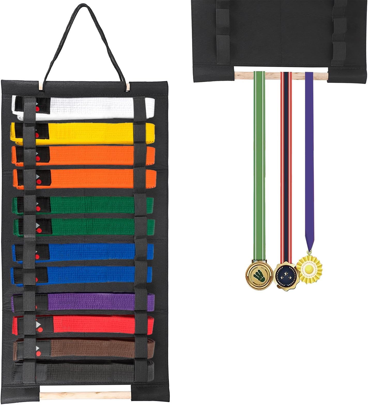 JUXYES Wall Hanging Martial Arts Belts Organizer, Portable Karate Belt Display Holder with Medals Hanging Stick, Lightweight Hanging Taekwondo Belt Display Holder for Martial Arts Learner