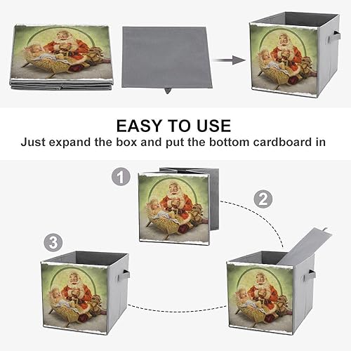 Miniatura 4 de Cubos de almacenamiento de Papá Noel vintage de Navidad, cubos de tela para bebé de 11 pulgadas con asas dobles, organizadores de armario para