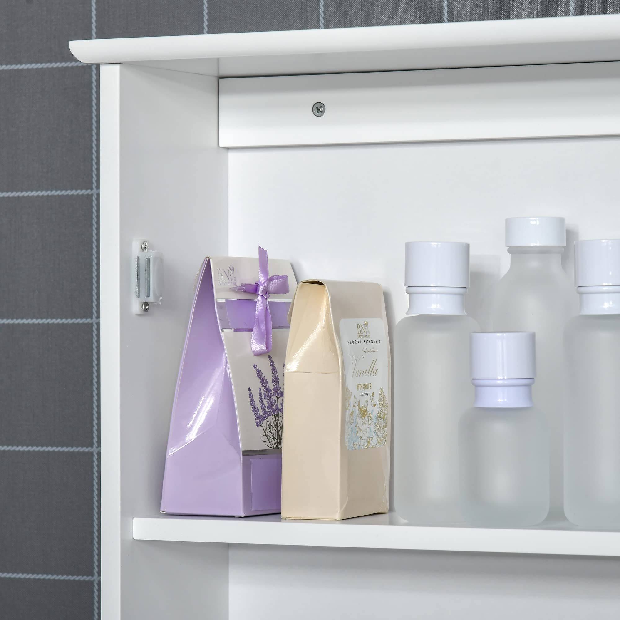kleankin Specchio Bagno Contenitore con Chiusura Magnetica, Mobiletto Bagno da Parete Salvaspazio in Legno, 41x14x60cm, Bianco