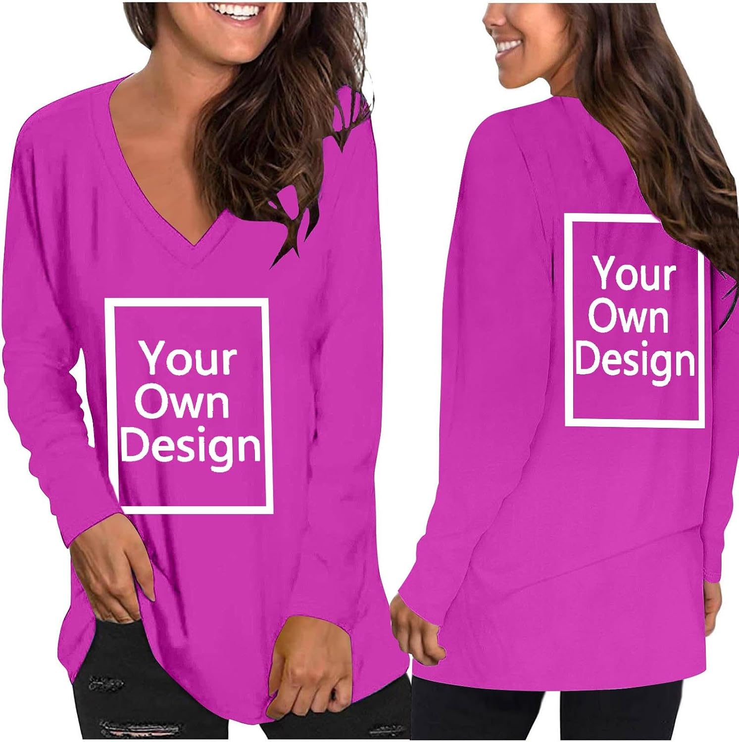 Women Custom Shirts Long Sleeve T Shirts Loose V Neck Tunic Tops Personalized Add Text Photo Image Logo Front Back