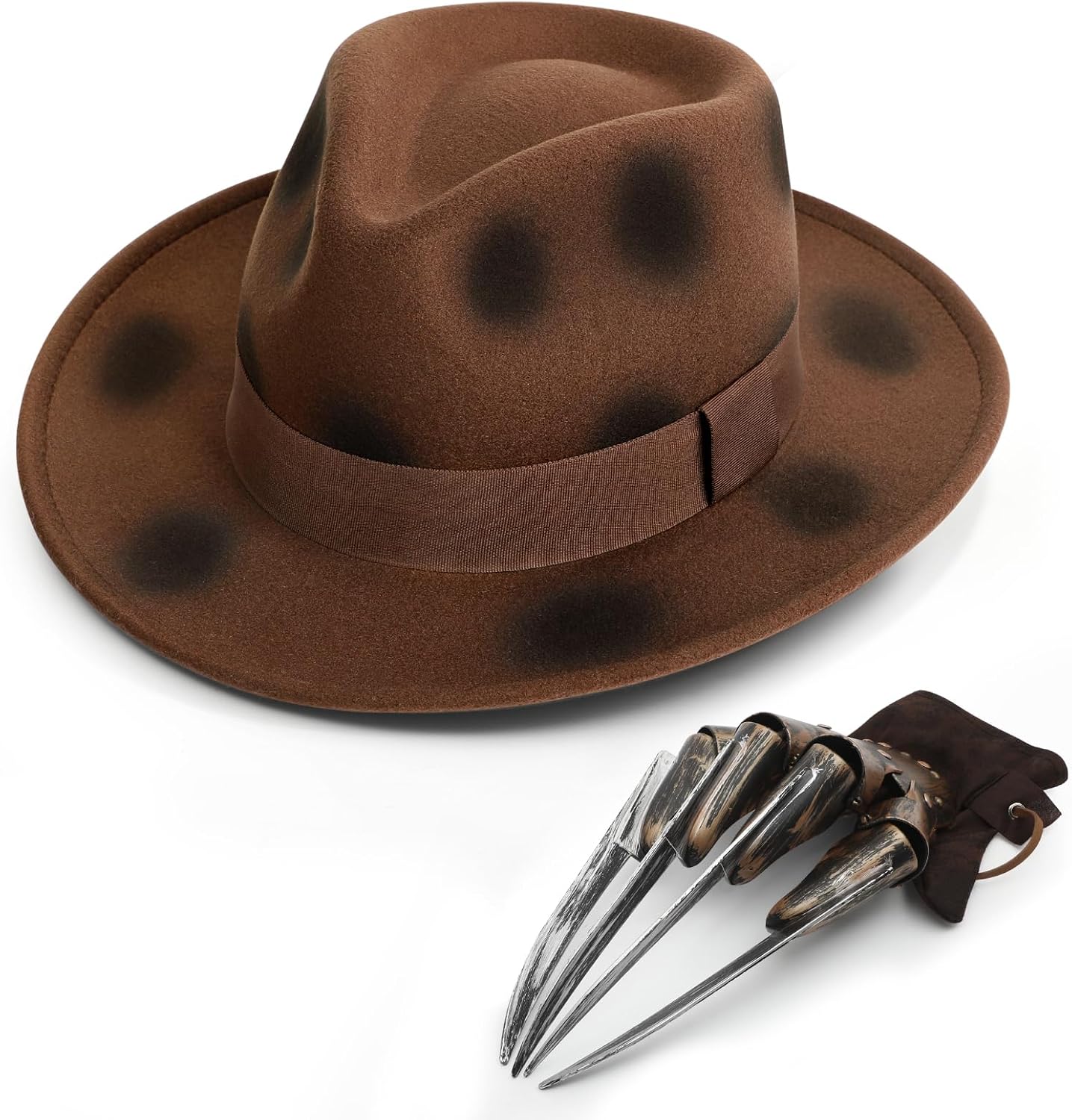 ZEKLZD Burned Brown Fedora Hat and Glove for Adult,Zombie Hats,Horror Movie Killer Cosplay Halloween Costume Accessory