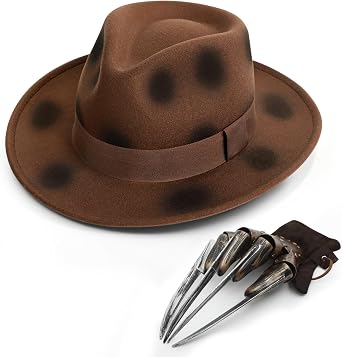 ZEKLZD Burned Brown Fedora Hat and Glove for Adult,Zombie Hats,Horror Movie Killer Cosplay Halloween Costume Accessory