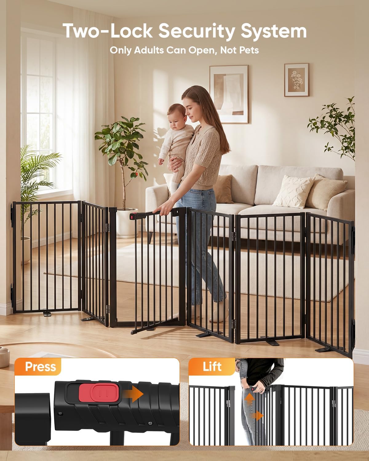 Full Metal Free Standing Dog Gate with Door for Indoor & Outdoor,120'' Extra Wide 32'' Tall Dog Gate for The Doorways,Large Openings,Decks,Porch,Pet Freestanding Safety Fence(6 Panels,Black)
