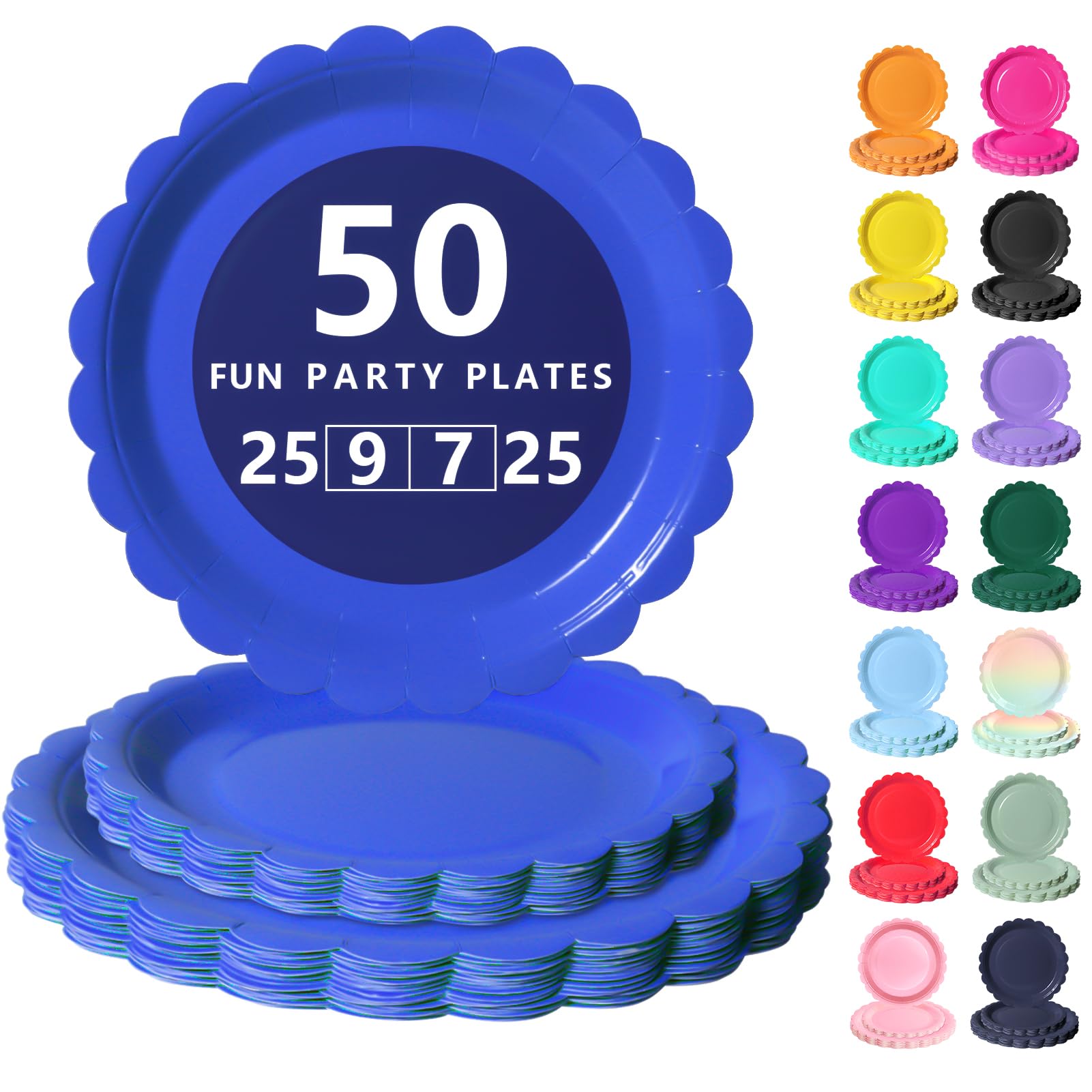 Nkaiso Disposable Paper Plates 50 Pack, Royal Blue Party Plates Dinner Set - 25x9inch & 25x7inch Scalloped Party Plates Elegant Disposable Tableware for Birthday, Wedding, BBQ Party Supplies