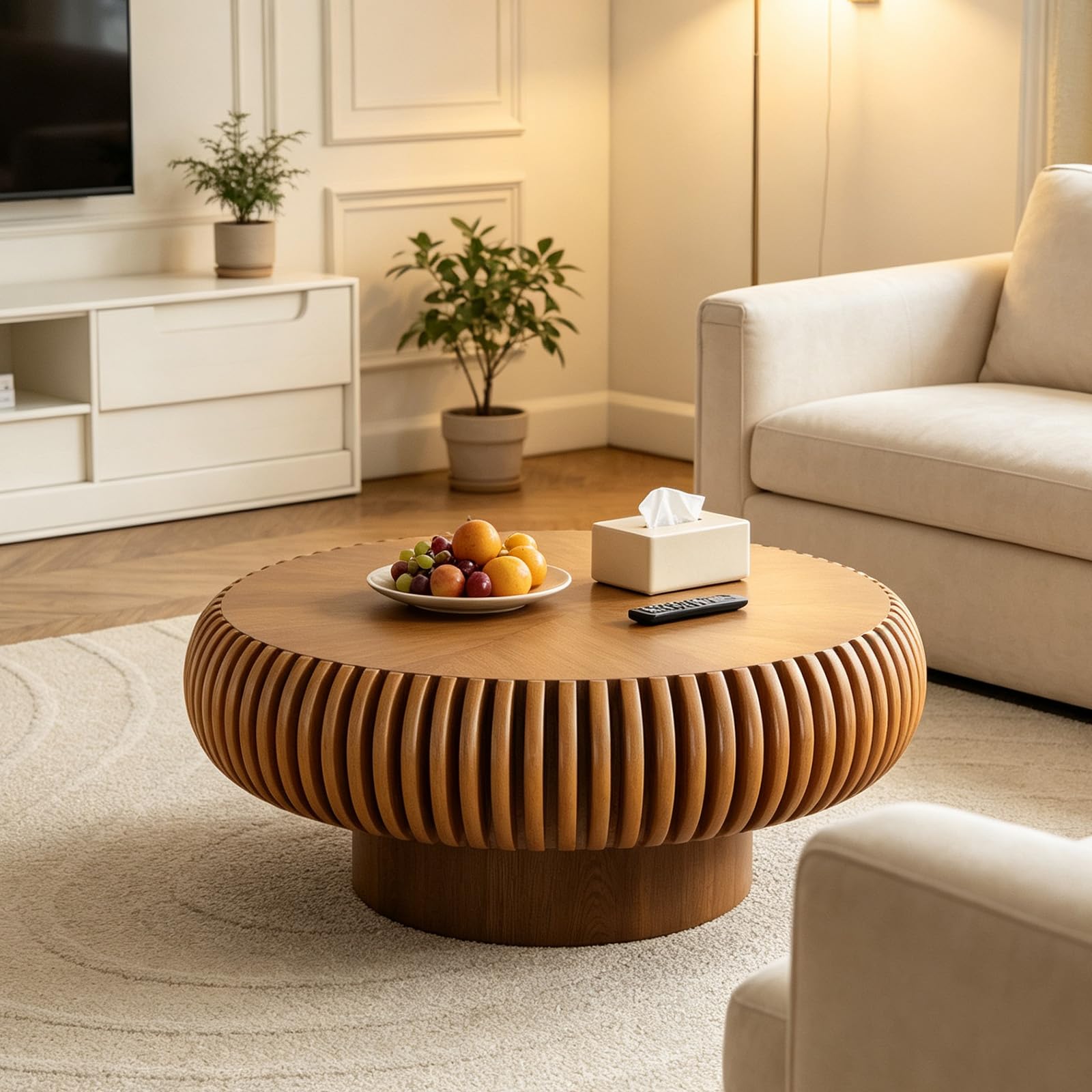 FeiZhiYanS Mid-Century Round Fluted Coffee Table for Living Room