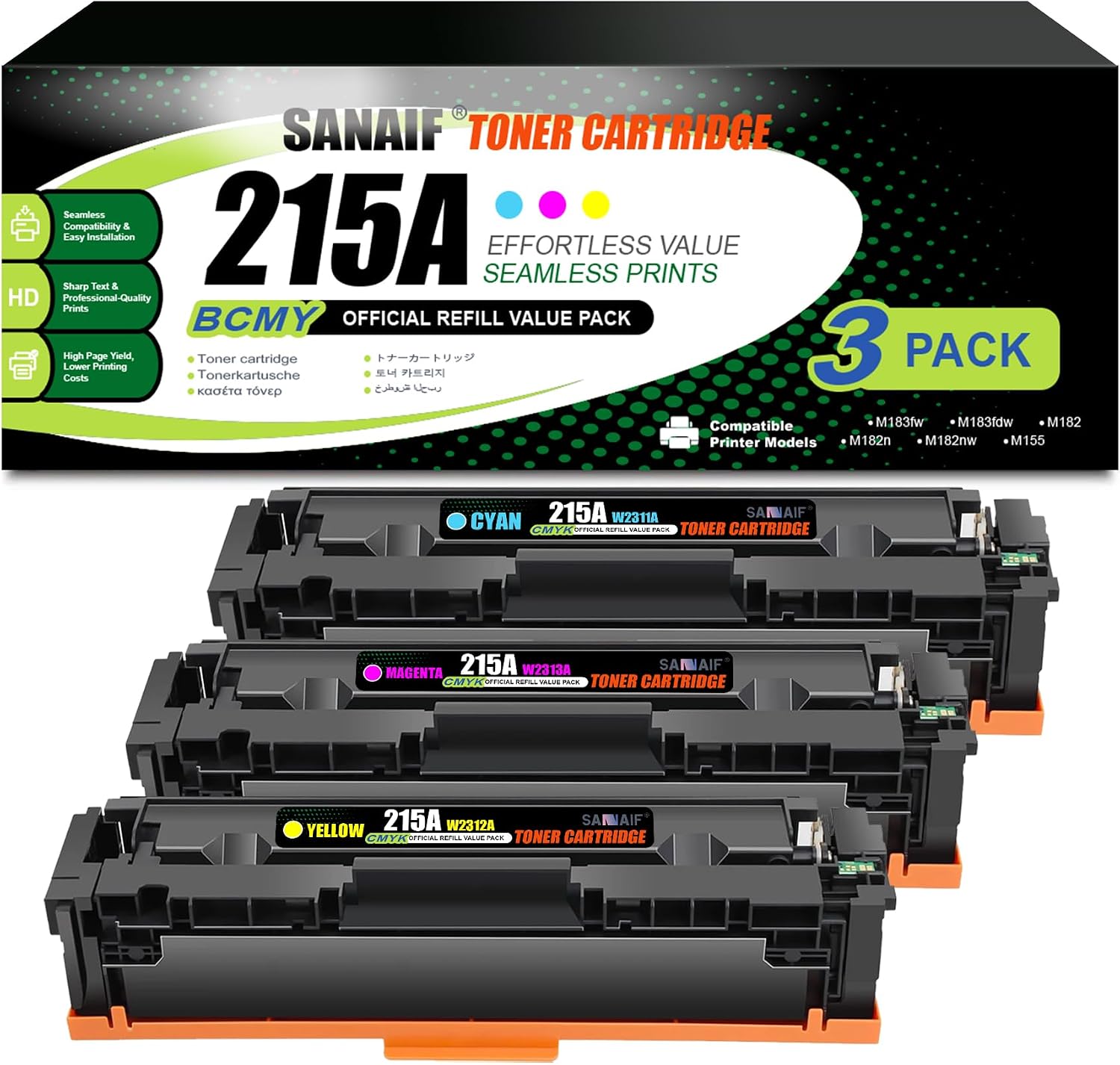215A Cyan Magenta Yellow Toner Cartridges (3-Pack) High-Yield Pages Compatible for hp 215A W2311A W2312A W2313A Work with LaserJ Pro M155 M155a; MFP M183fw M183fdw M182 Printers