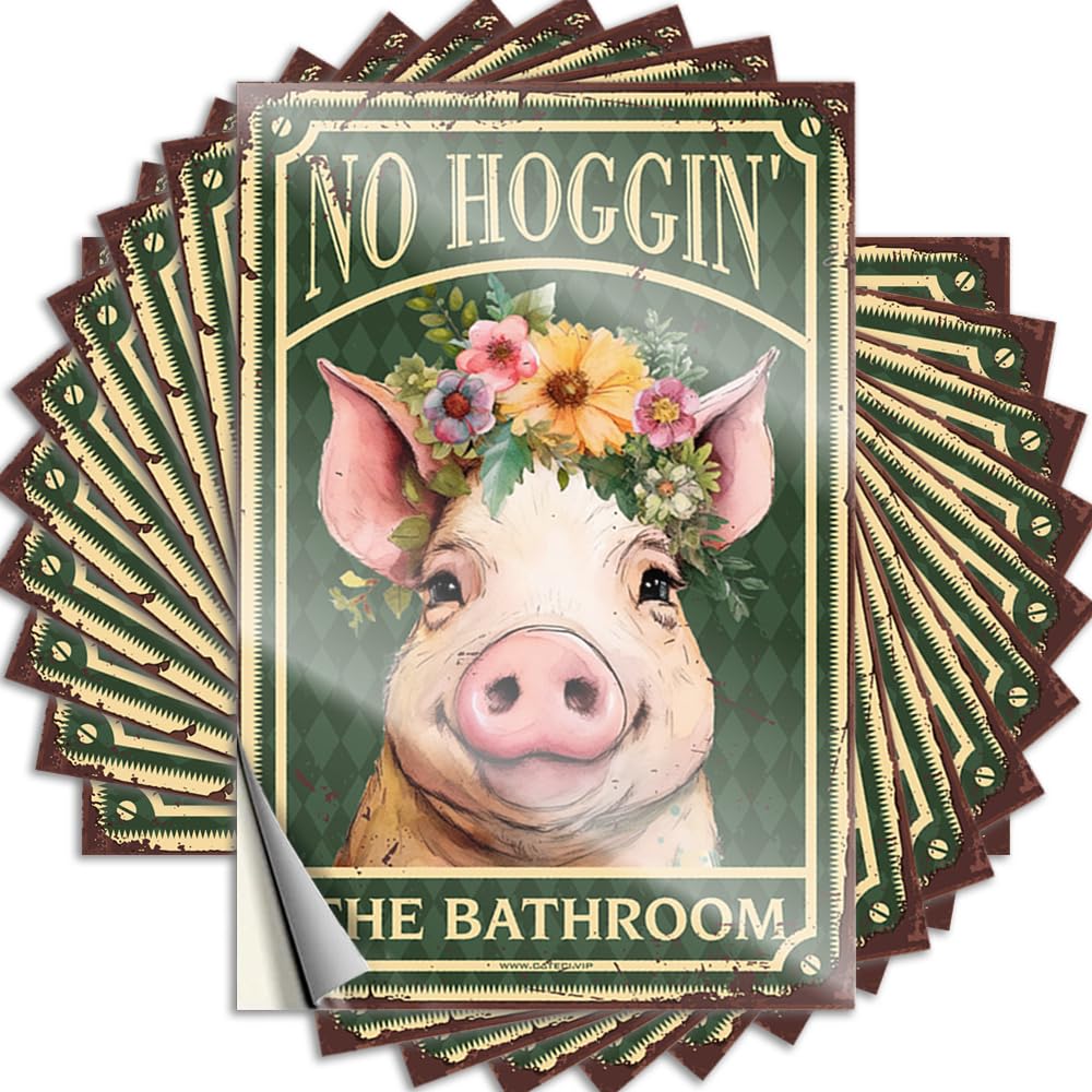 Fuzzy Sticker, Large Hat Vintage Pig with Flowers No Hoggin' The Bathroom | Funny Quote Ship Decals(8X12CM)