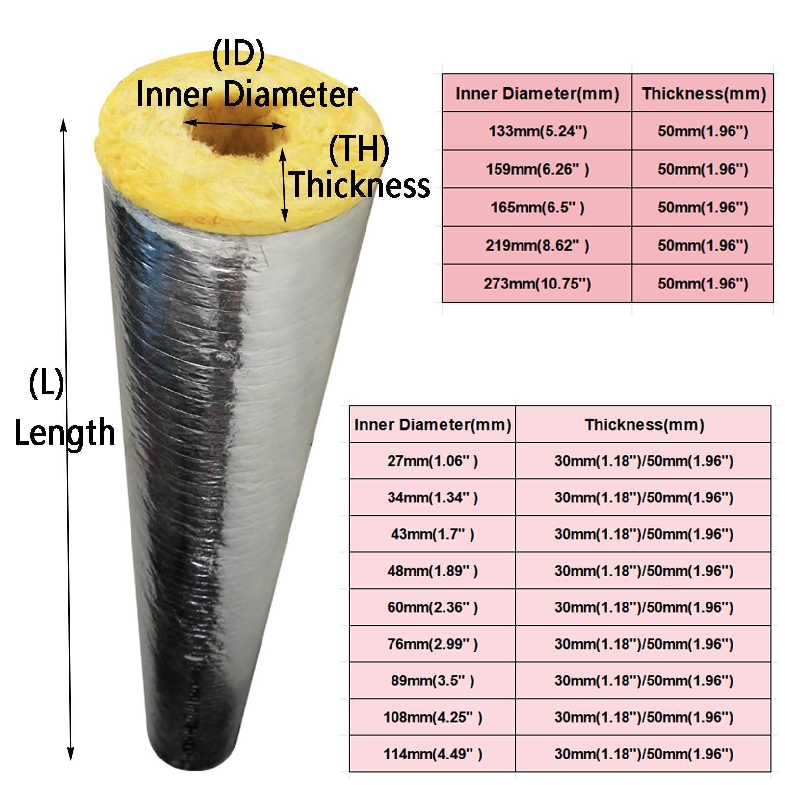 Manguito Aislante for tuberías: Lana de Vidrio/Lana de Roca Resistente a Altas temperaturas con lámina de Aluminio, Aislamiento térmico ignífugo(ID-108mm/4.25" TH-50mm/1.96")