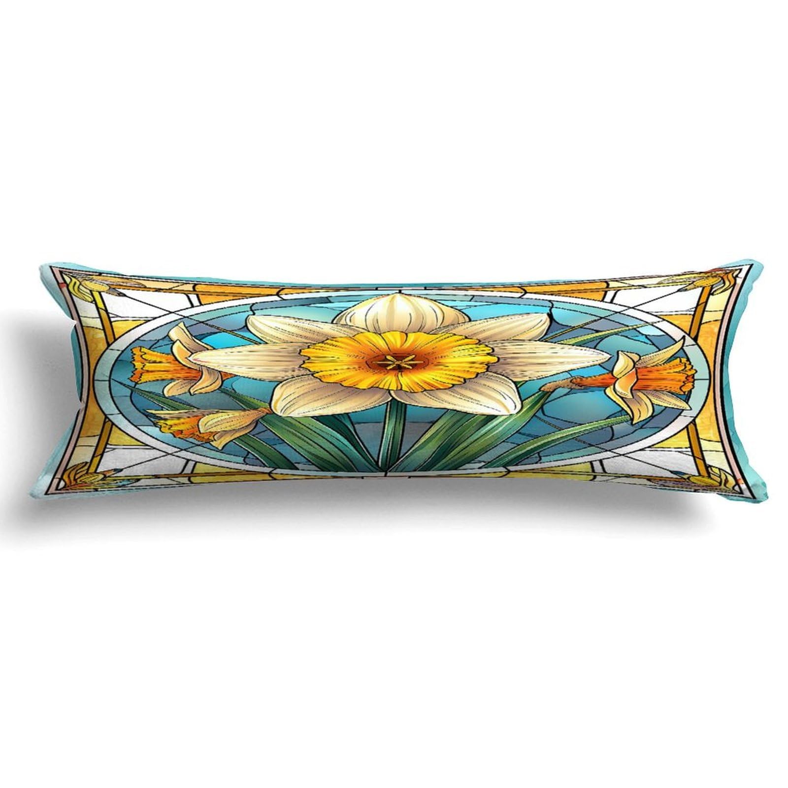 Zipped Body Pillow Case Cover,March Daffodil Flower Birthday Floral Stained Glass Decorative Rectangle Accent Long Body Pillowcase 20x59in Mother's Day Birthday Gifts Christmas for Women Girl Mom