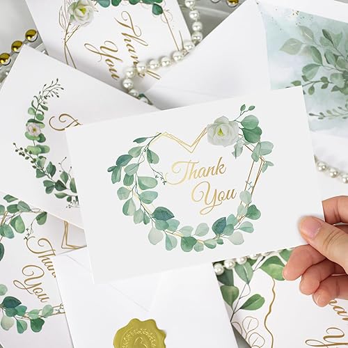 Miniatura 5 de AZAZA 48 tarjetas de agradecimiento con sobres y calcomanías, tarjetas de agradecimiento de boda de lámina dorada, 4 x 6 pulgadas, notas de