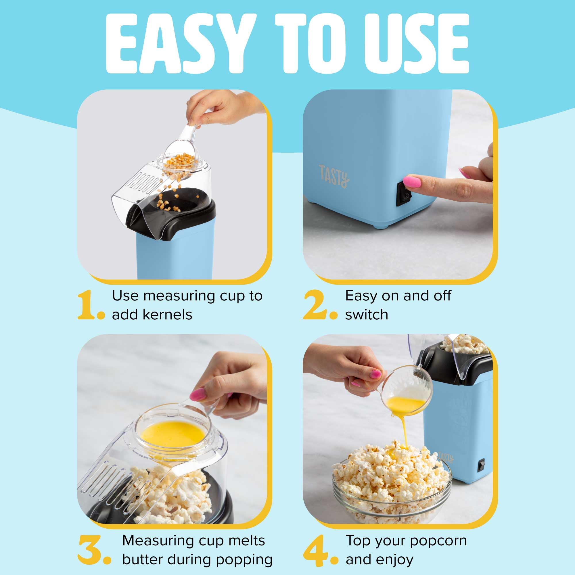 Tasty Popcorn ad aria calda, popcorn sani e deliziosi in pochi minuti, veloce e facile da usare, misurino integrato e scaldaburro, 8 tazze, blu