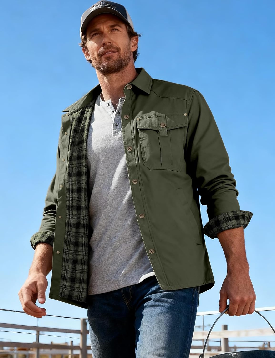 Flygo Mens Flannel Lined Shirt Jacket Lightweight Snap Button Western Jacket Rugged Outdoor Cowboy Shirts Jackets - Image 2