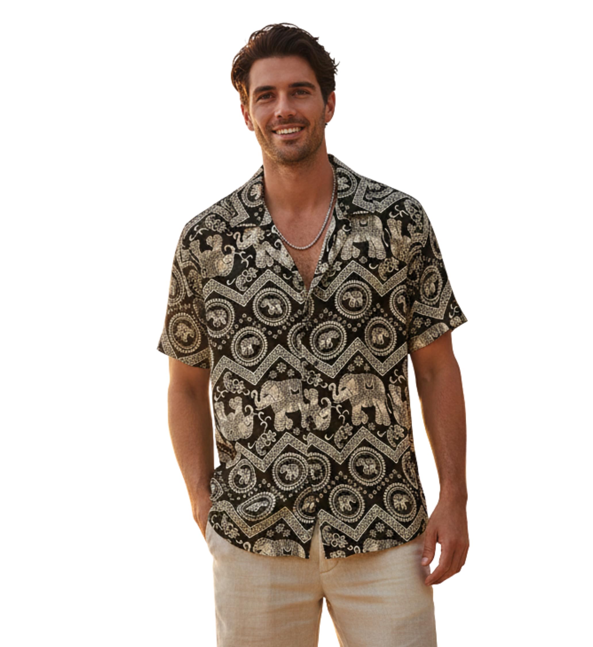 glowic Men's Premium Cotton Blend Printed Cuban Collar Shirt | Stylish Elephant Motif Half Sleeve Beach Wear Casual Button Down Hawaiian Shirt for Men-picture-34