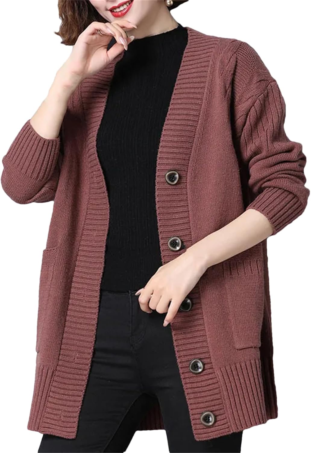 Long Sleeve Button Loose Wool Sweater for Women Single Breasted V-Neck Knitted Cardigan