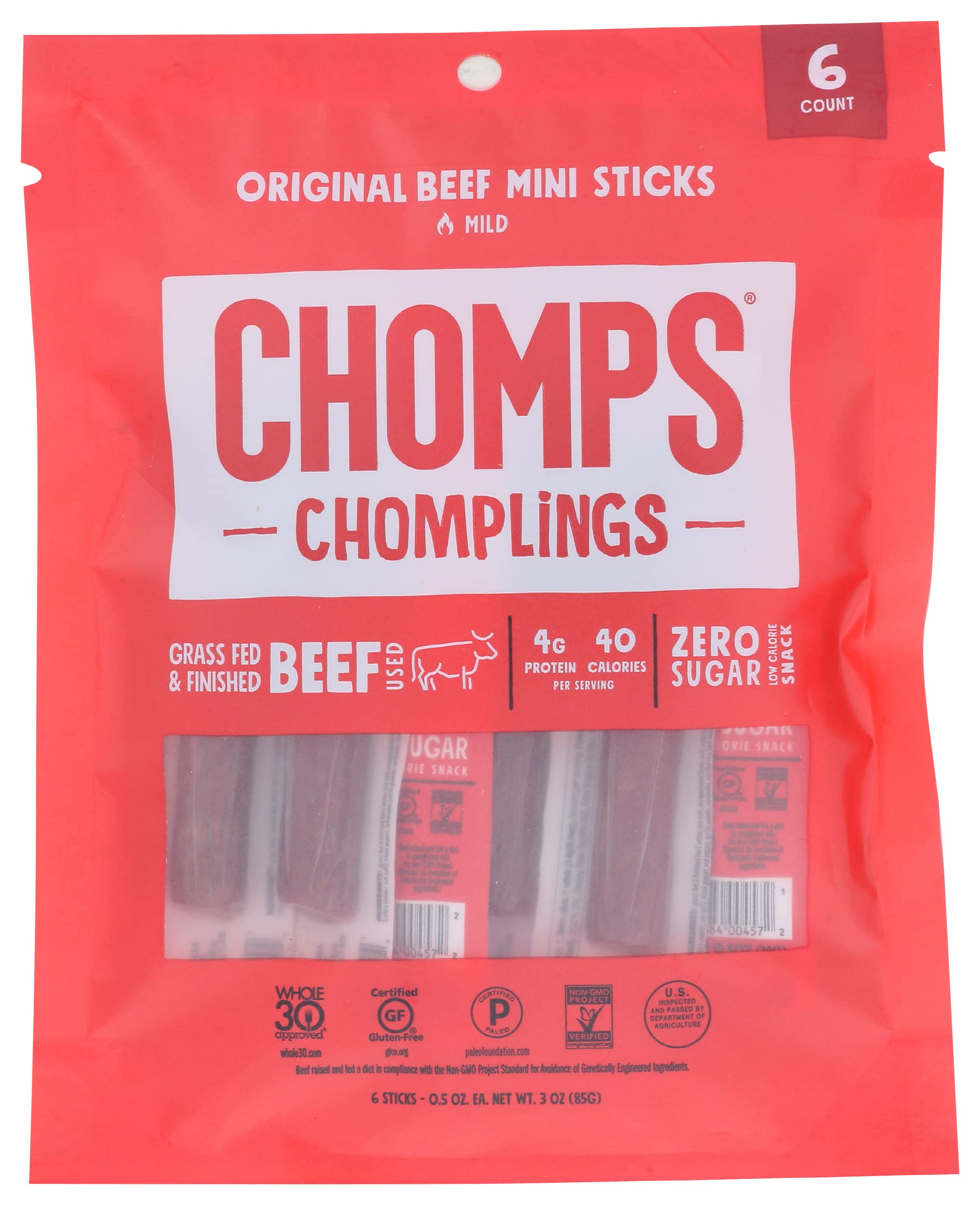 Chomps Original Beef Chomplings, Grass-Fed & Finished, 6ct, Protein Snack