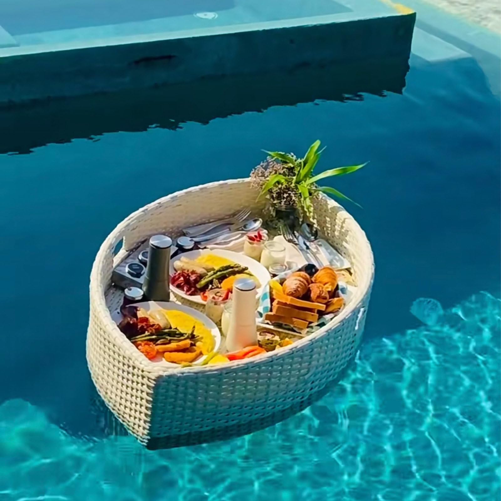 Vassoio galleggiante impermeabile per piscina, tavolo da piscina in rattan, ideale per colazione, aria condizionata e drin, feste in piscina, relax e divertimento all'aperto