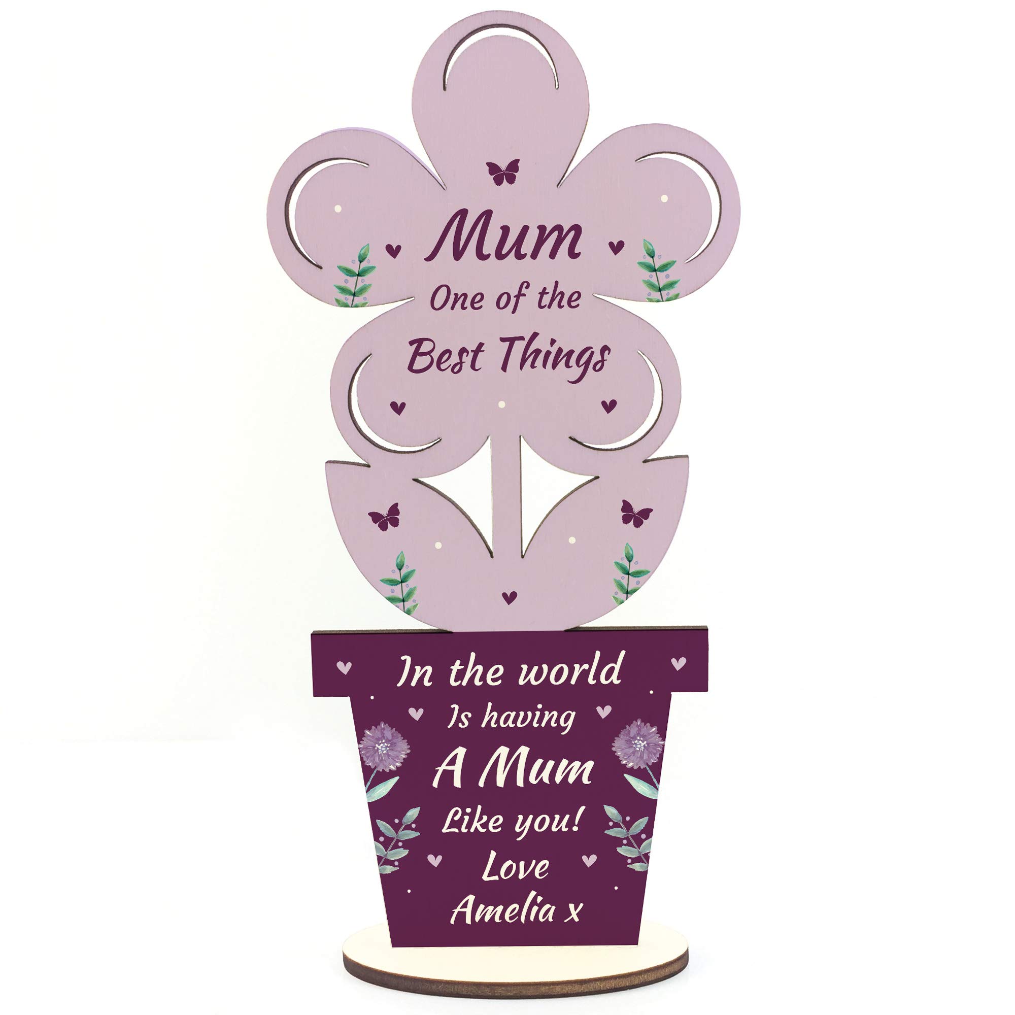 RED OCEAN Personalised Best Mum Gift For Mothers Day Birthday Wooden Flower Daughter Son Gift Keepsake