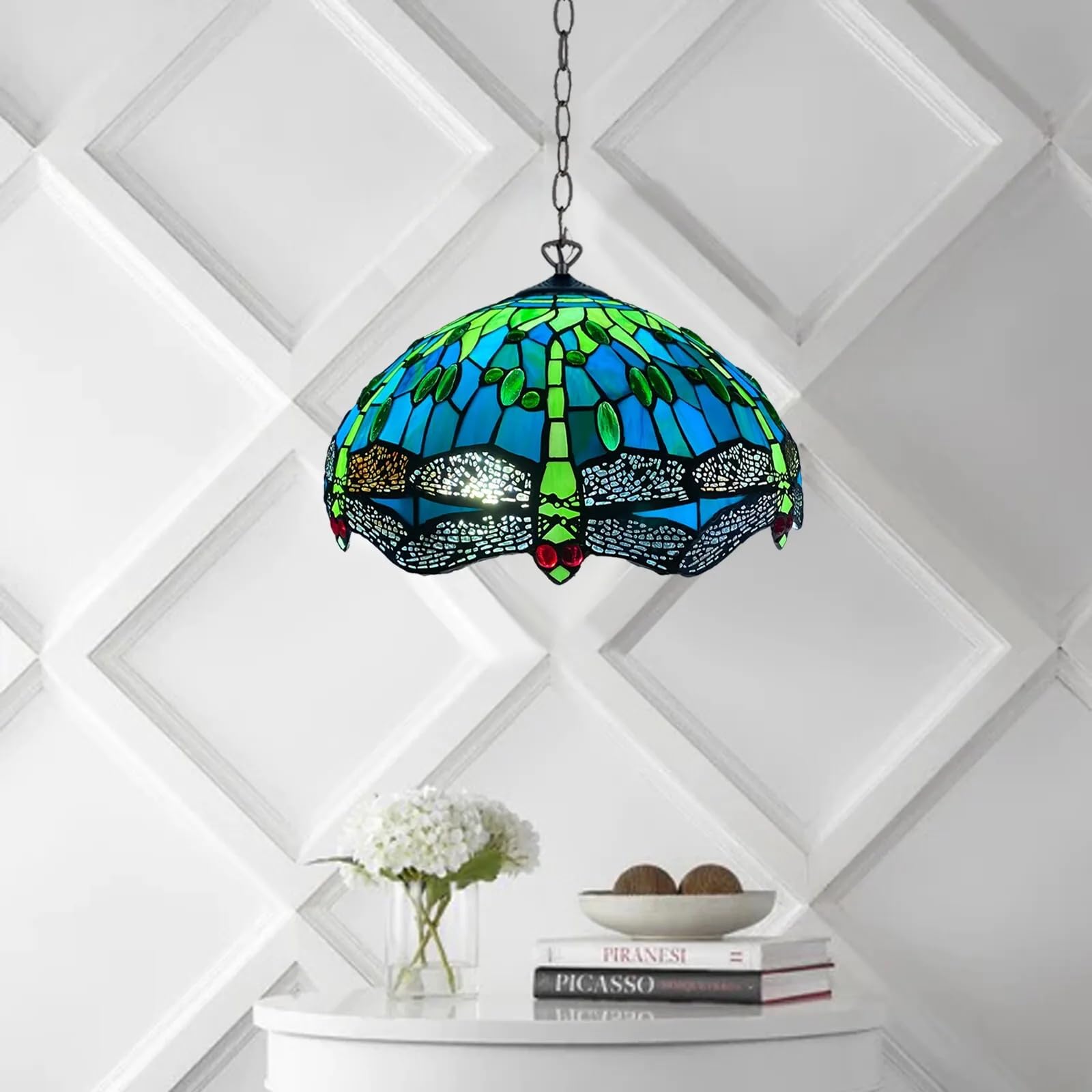 TIFFORA Tiffany Pendant Lamps - Handcrafted Stained Glass 16 inch Pendent Light - Antique Design Pendant Lamps for Living Room Bedroom Lounge (TF(P)-1615)