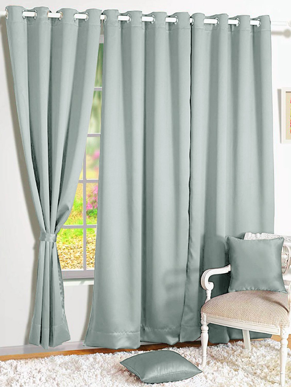 Story@Home 152 CM Premium Faux Silk Solid Pattern 100% Blackout Grommet Window Curtain, Grey, Pack Of 2