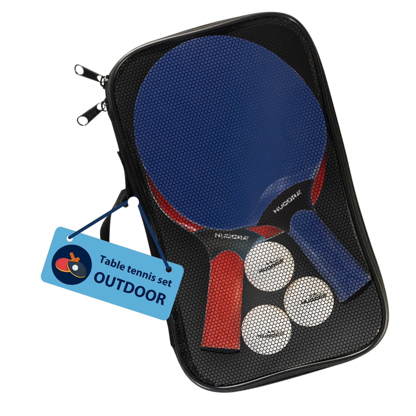 HUDORA Table Tennis Set Outdoor table tennis paddle Set including 2 paddles & 3 balls, Ping Pong bat set incl. storage bag