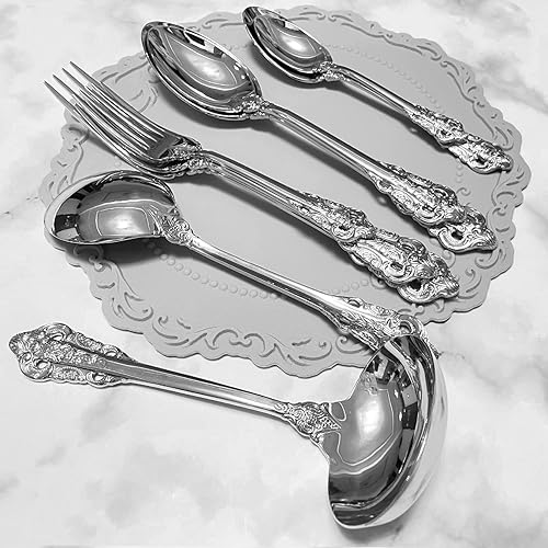 Miniatura 6 de Gugrida Cuchara de servir buffet de acero inoxidable de 4 piezas, cuchara grande, cuchara redonda, juego de cubiertos brillantes (plata pura)