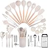 Cookware Set, 34-Piece Silicone, Kitchen Tool Set, Living Alone, Kitchen Supplies, Housewarming Celebration, Mothers Day Gift, Heat Resistant, Durable, Wooden Handle, Suitable for Japanese and Western Cooking, Antibacterial, Scratch-Resistant, Spatula, Ladle, Tongs, Spoon, etc. Color: Off-White